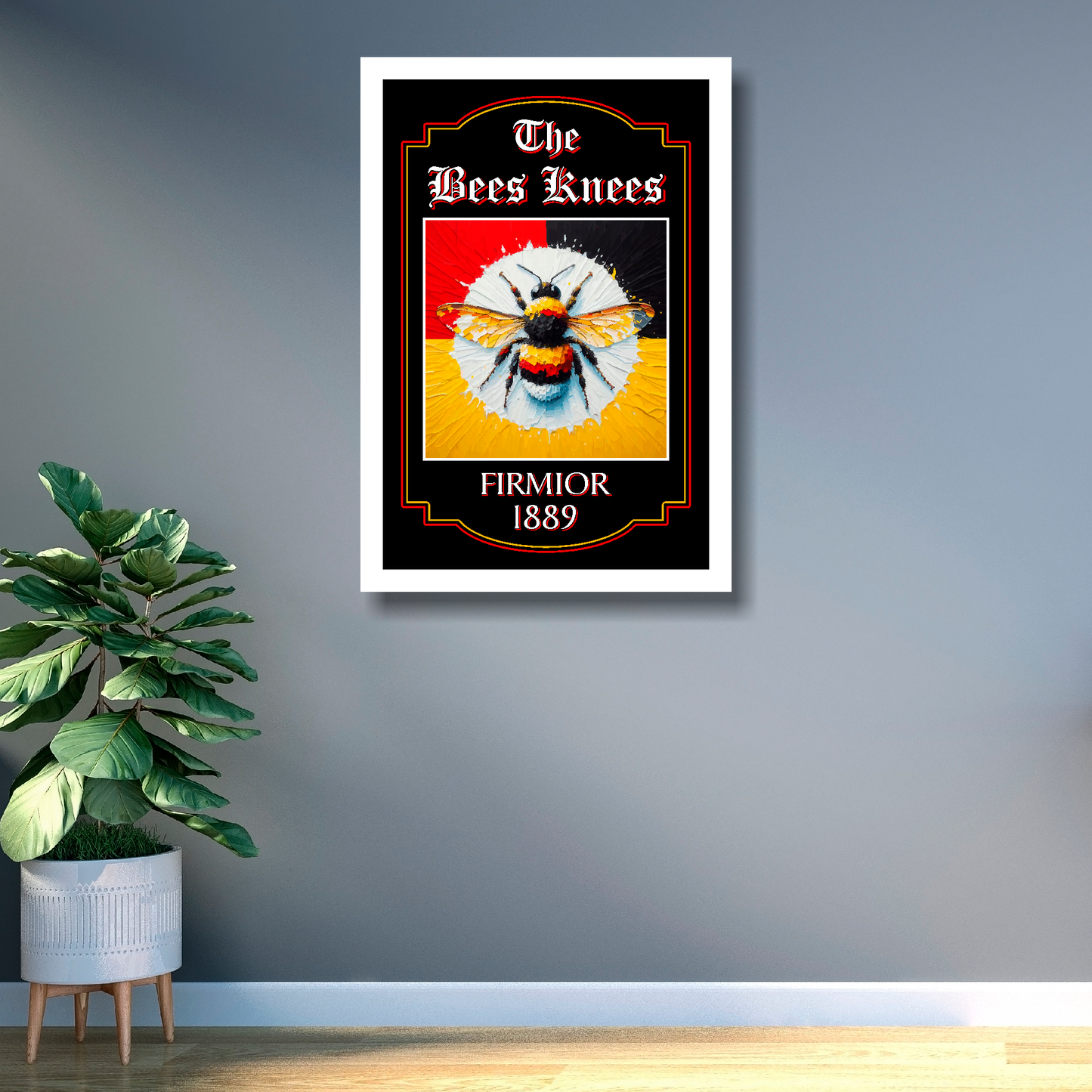 Brentford FC inspired white framed pub sign 'The Bees Knees' with a colourful bee and text in a modern hall setting