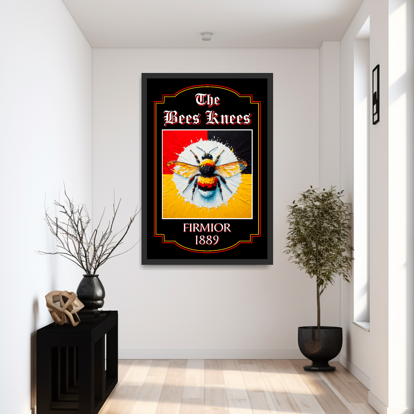 Brentford FC inspired black framed pub sign 'The Bees Knees' with a colourful bee and text in a modern hall setting