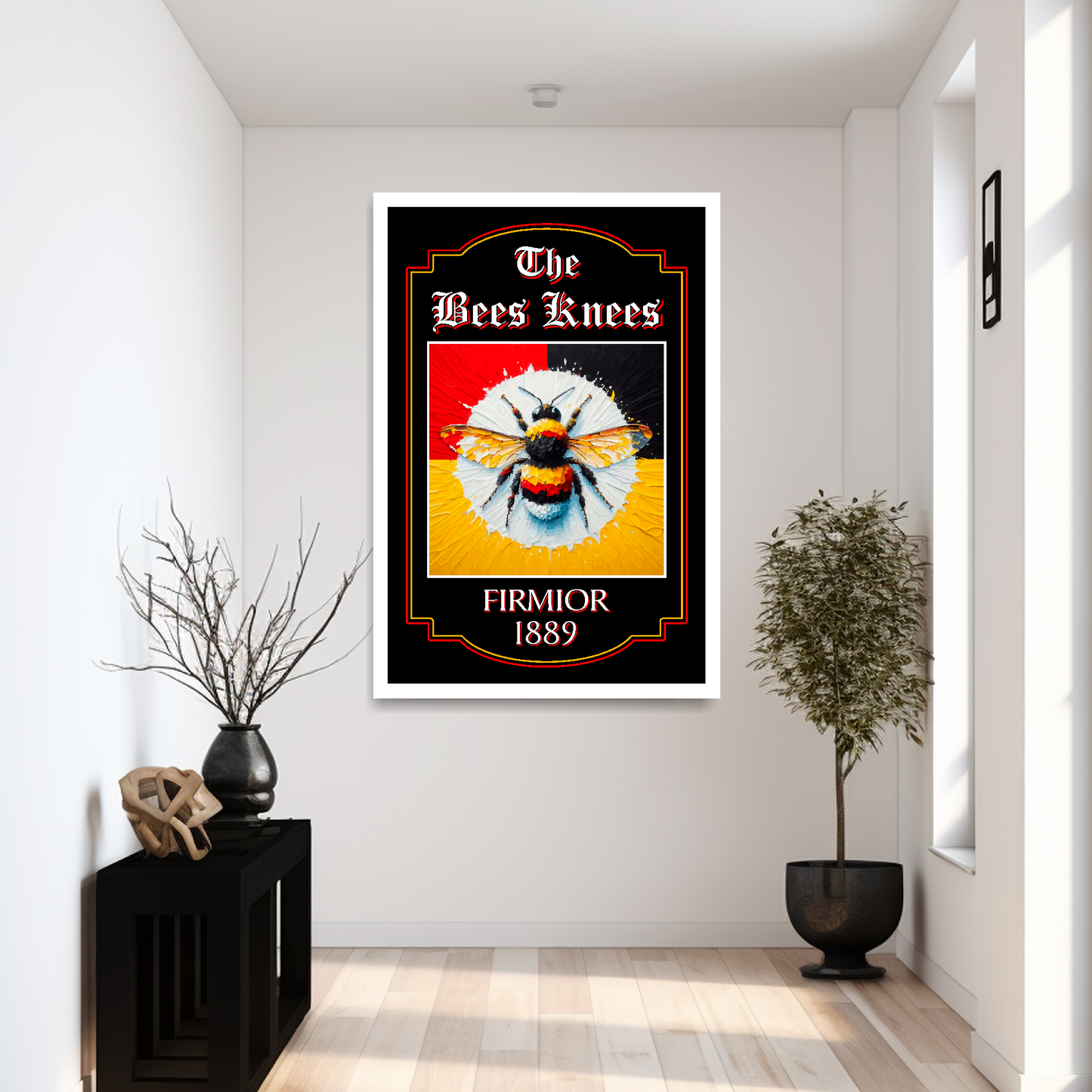 Brentford FC inspired white framed pub sign 'The Bees Knees' with a colourful bee and text in a modern hall setting