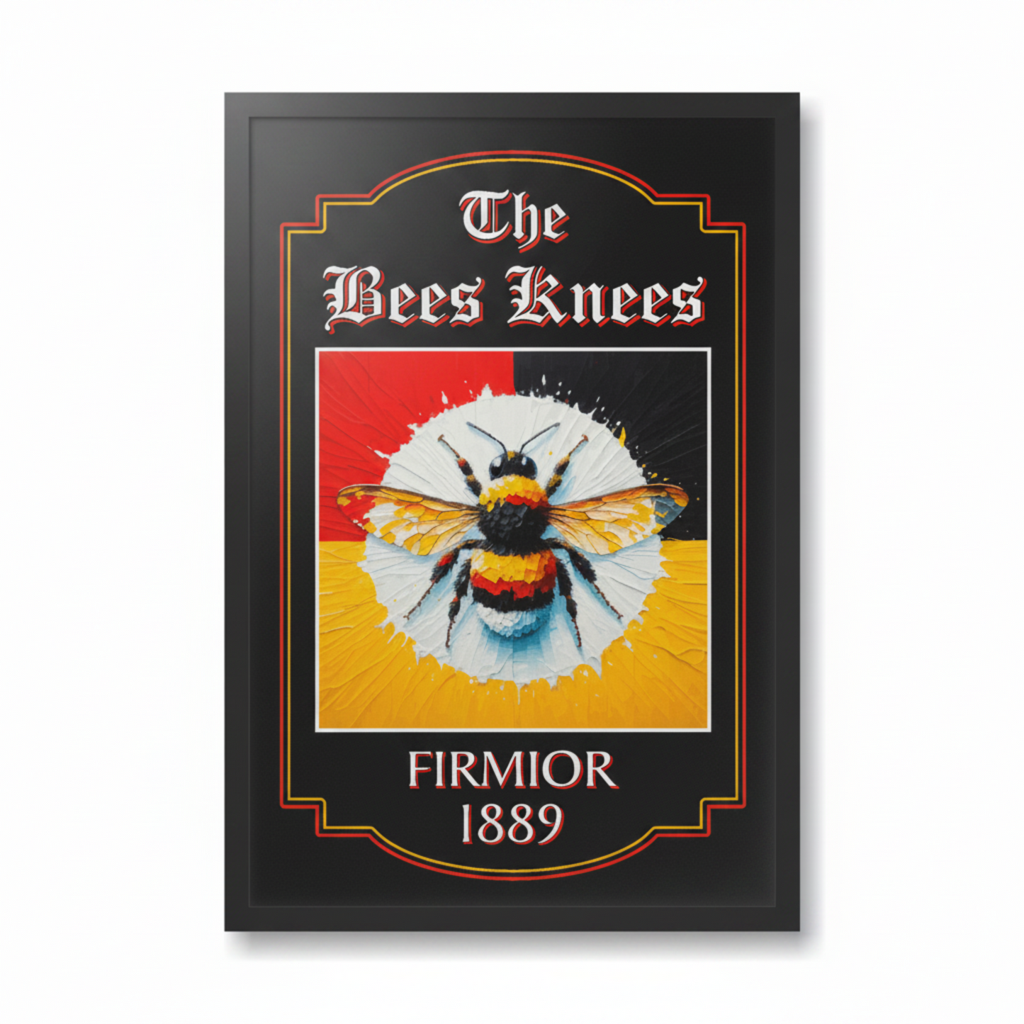 Brentford FC inspired framed pub sign 'The Bees Knees' with a colourful bee and text on a white background