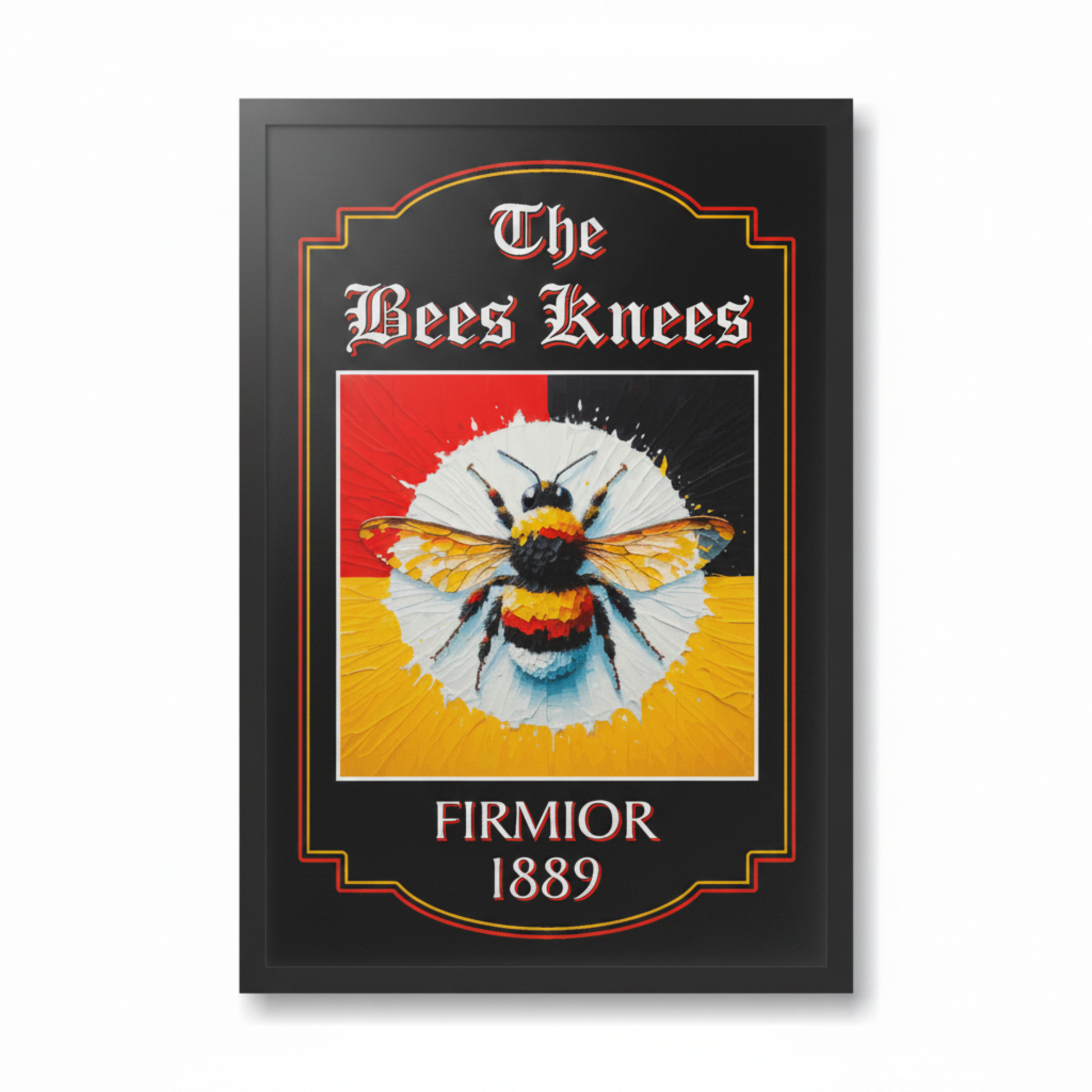 Brentford FC inspired framed pub sign 'The Bees Knees' with a colourful bee and text on a white background
