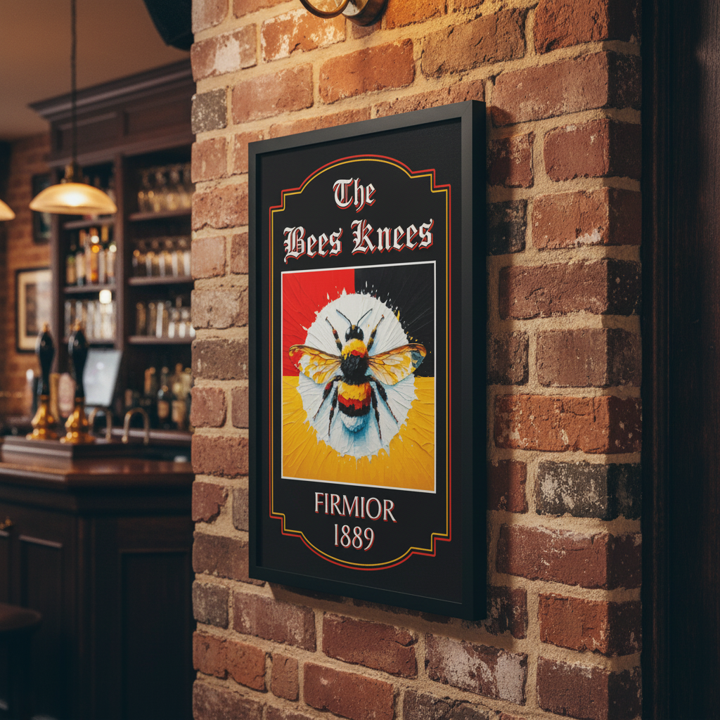 Brentford FC inspired black framed pub sign 'The Bees Knees' with a colourful bee and text in a bar setting