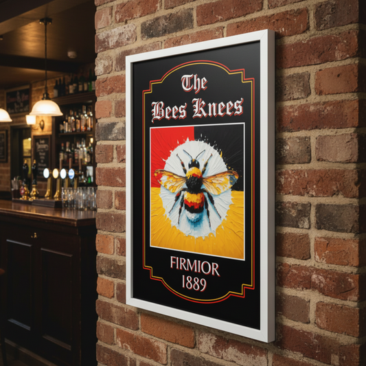 Brentford FC inspired white framed pub sign 'The Bees Knees' with a colourful bee and text in a bar setting
