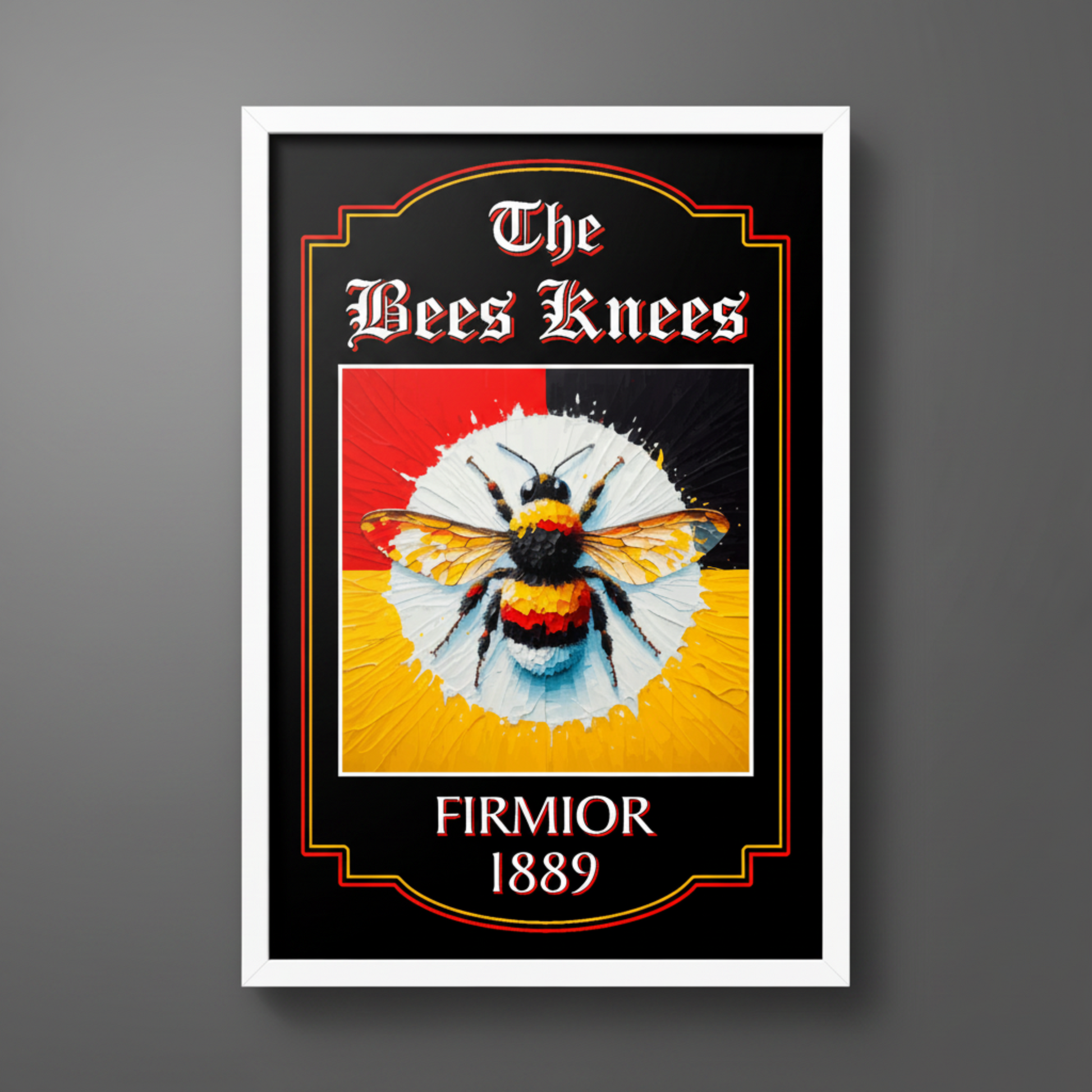 Brentford FC inspired framed pub sign 'The Bees Knees' with a colourful bee and text on a gray background