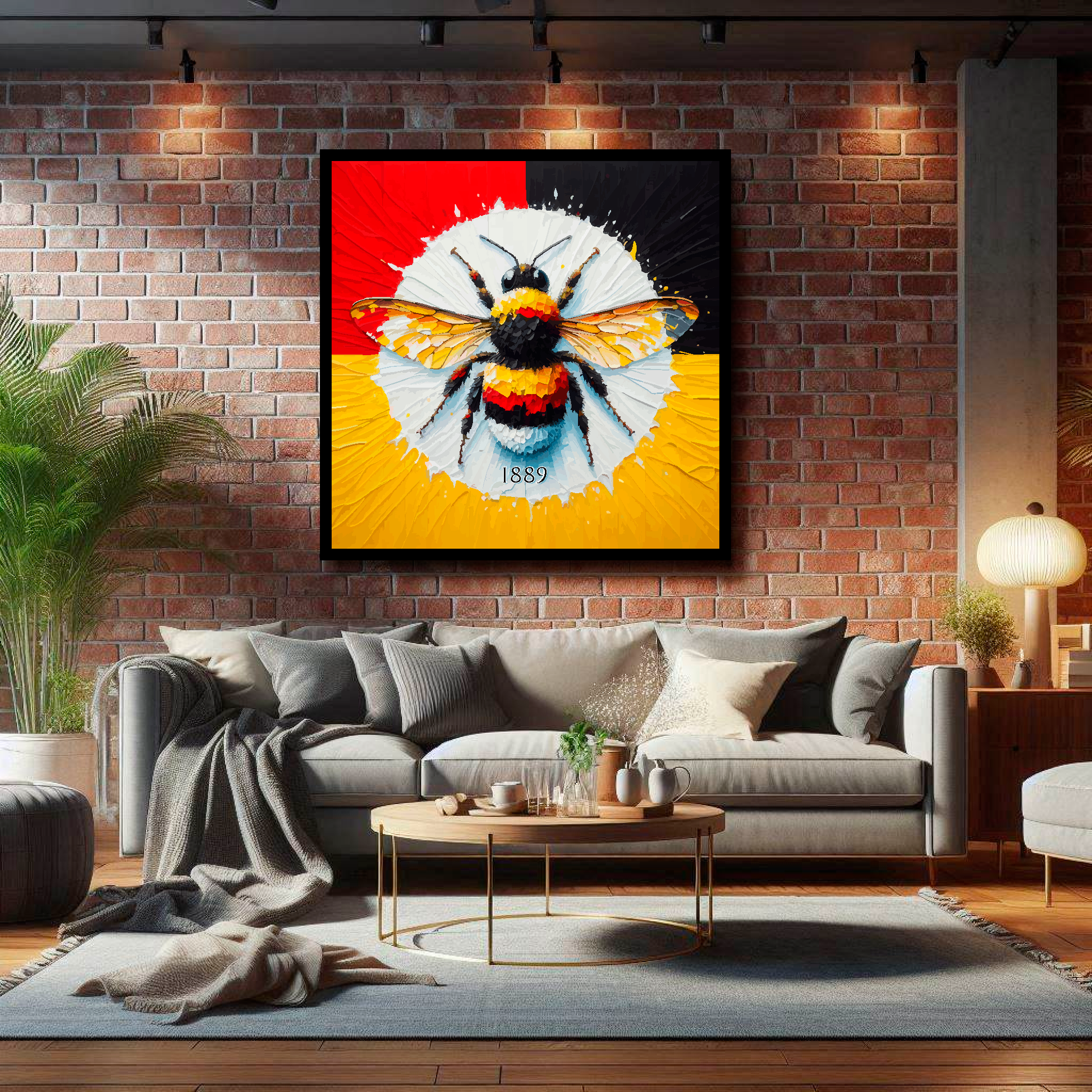 Large Brentford inspired canvas on brick wall above grey sofa - bold UK football art living room