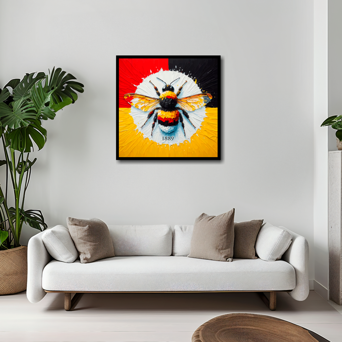 Brentford inspired canvas 20x20 inches above white sofa - vibrant UK football wall art
