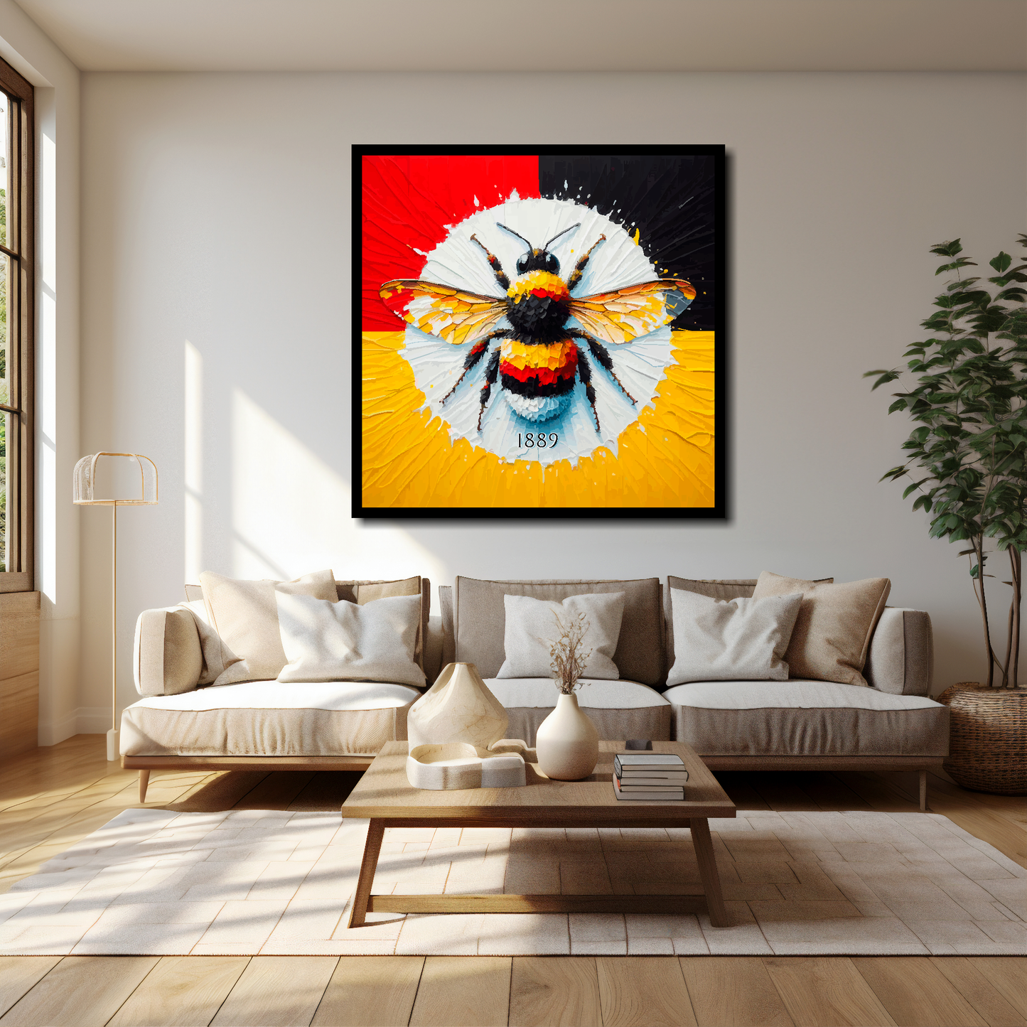 Brentford inspired canvas 40x40 inches above cream sofa - XL vibrant UK football wall art
