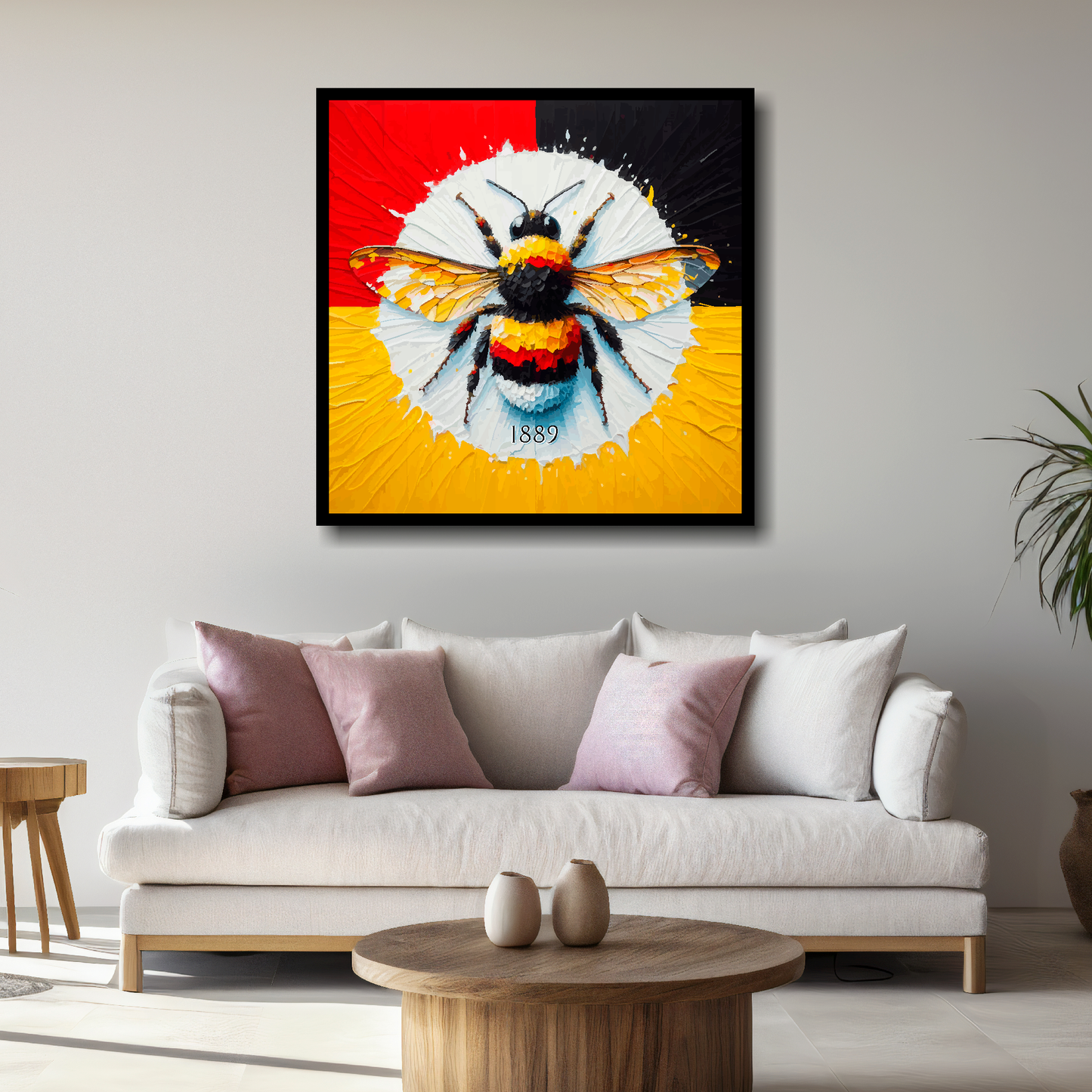 Large Brentford inspired canvas above white sofa - vibrant abstract UK football wall art