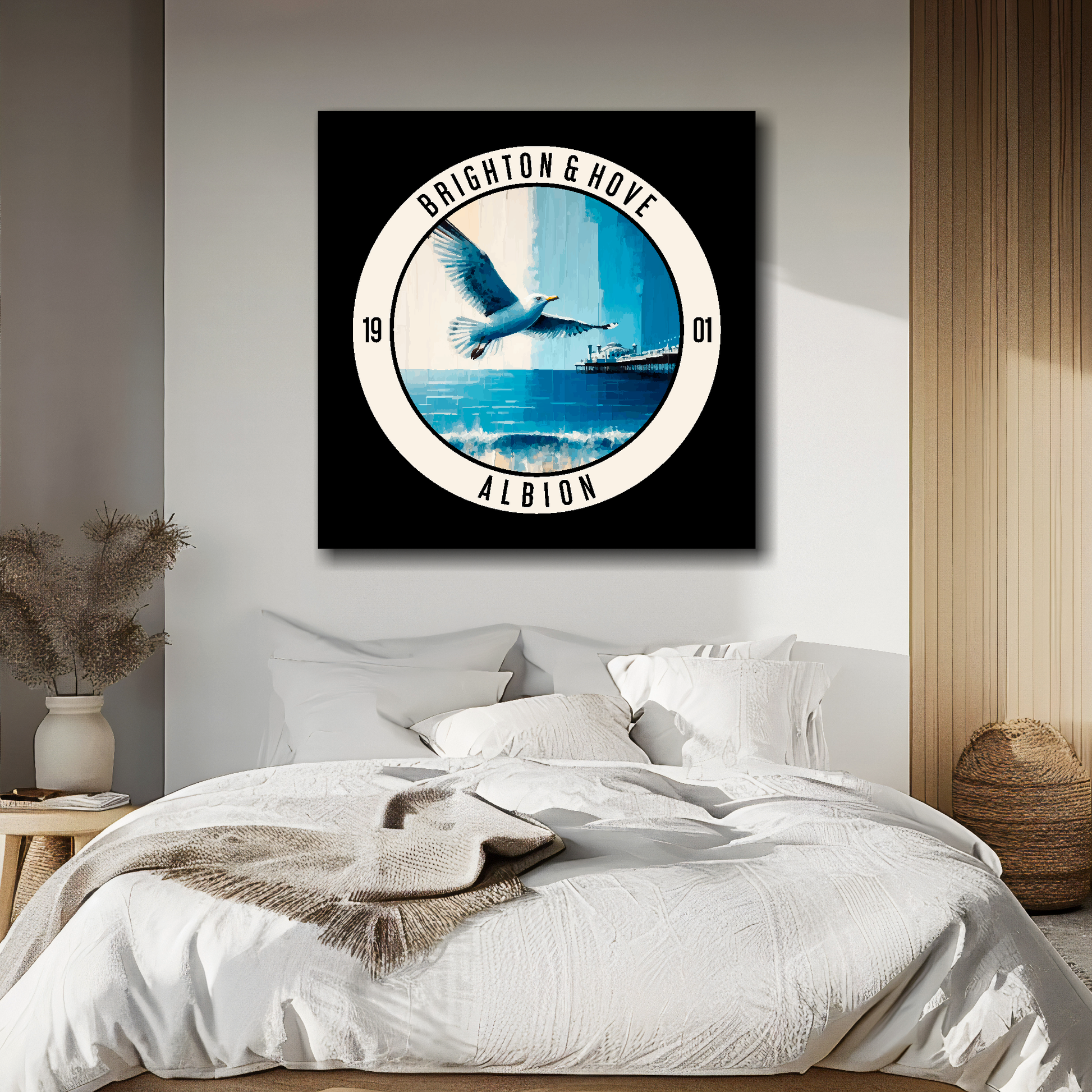 Brighton inspired canvas above bed - colourful UK football wall decor for bedrooms