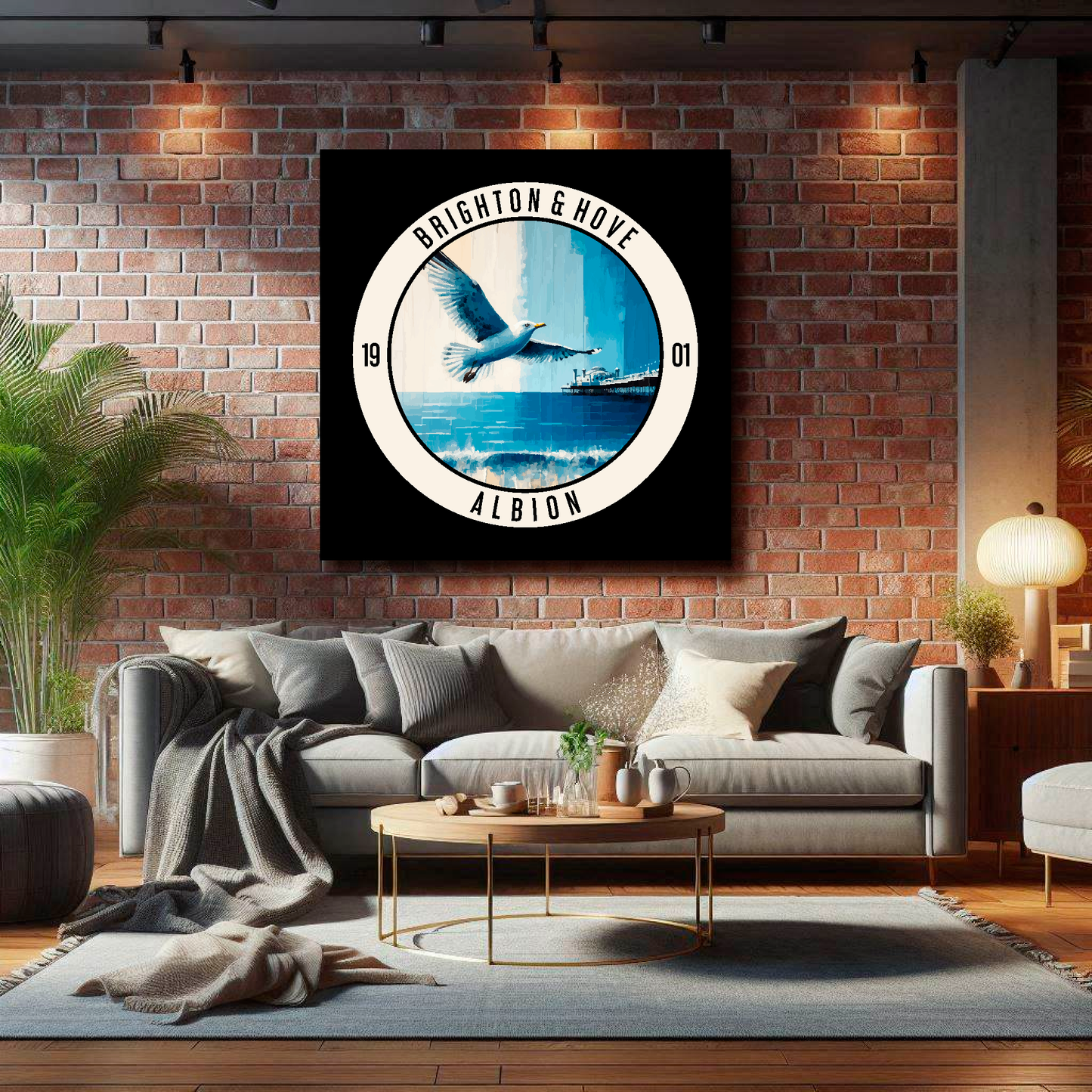 Large Brighton inspired canvas on brick wall above grey sofa - bold UK football art living room