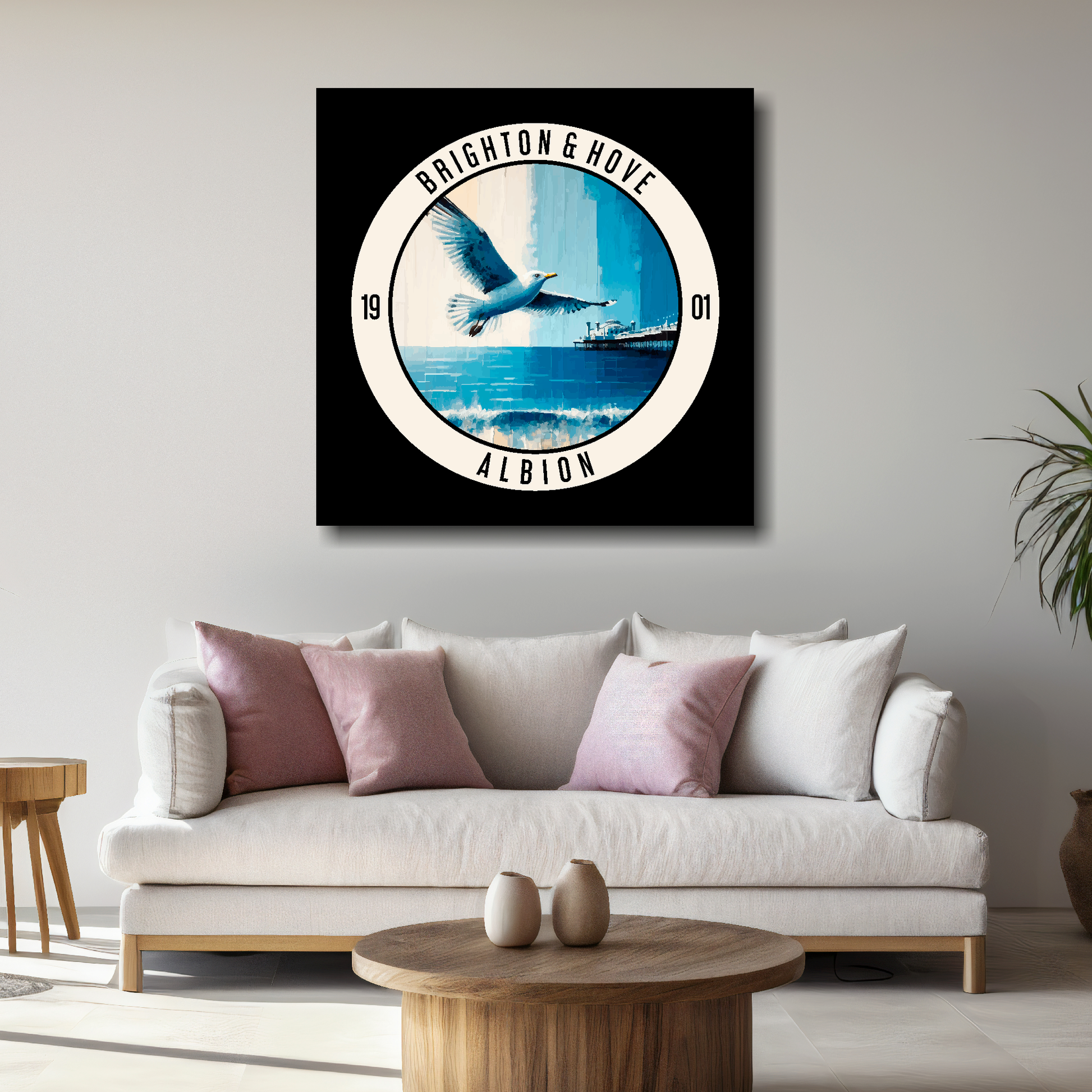 Large Brighton inspired canvas above white sofa - vibrant abstract UK football wall art