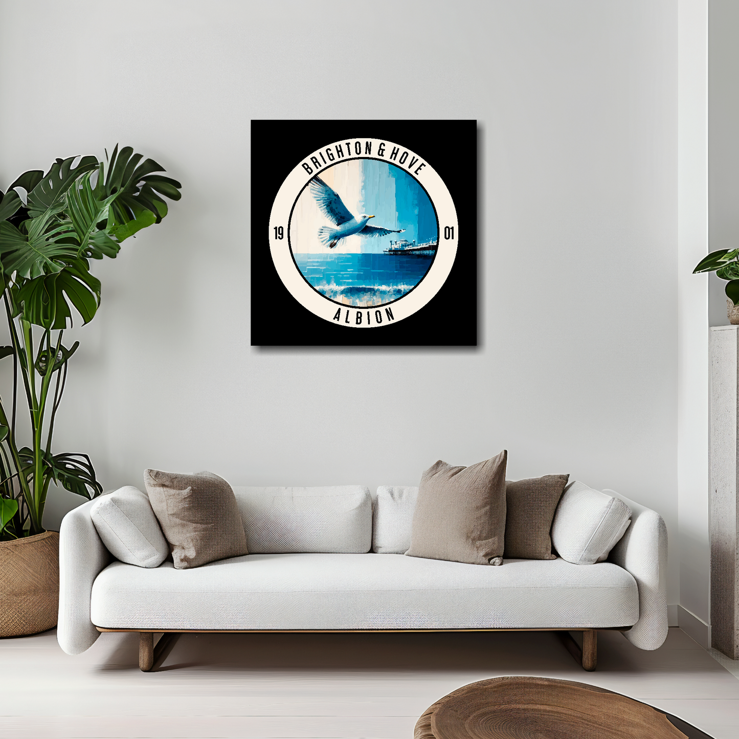Brighton inspired canvas 20x20 inches above white sofa - vibrant UK football wall art