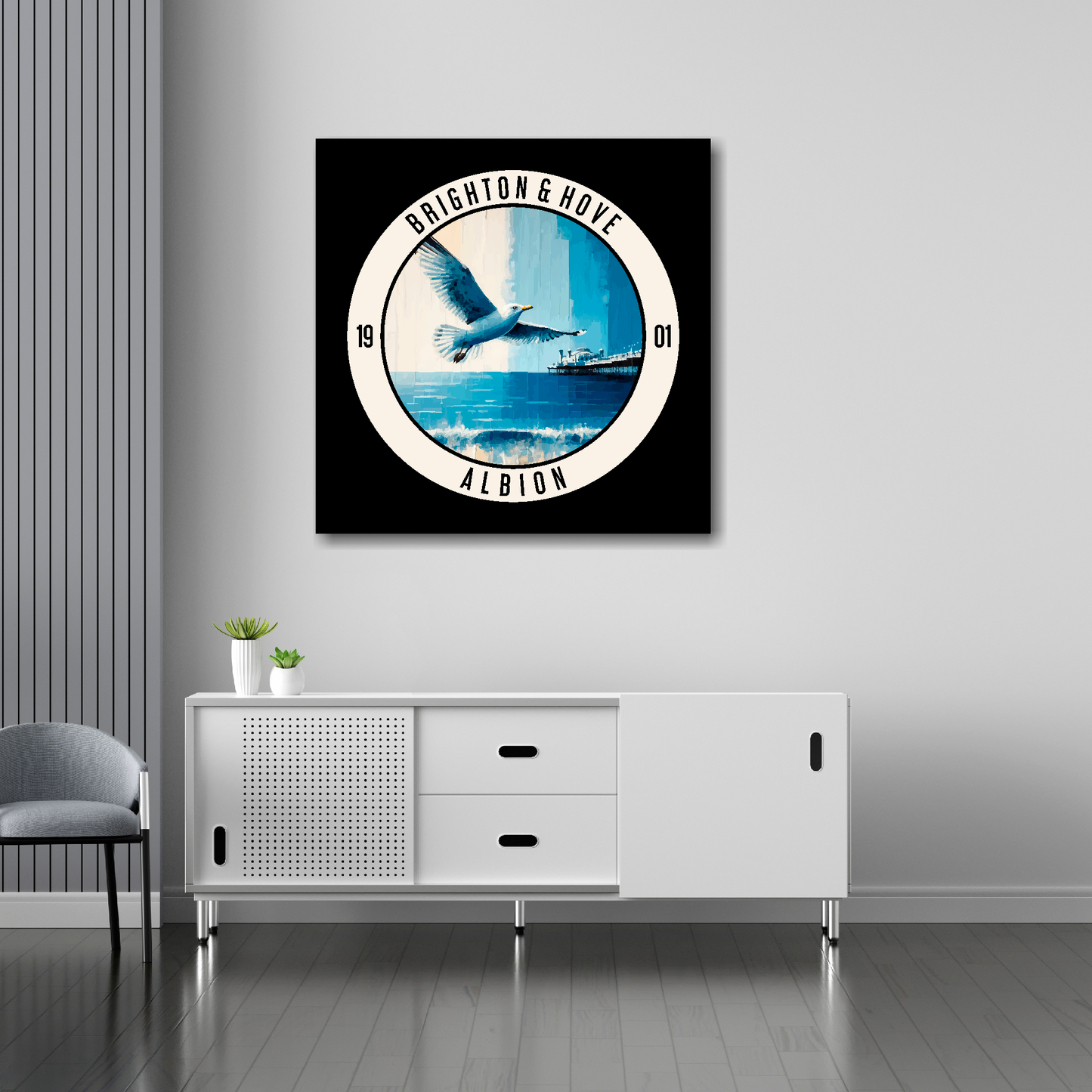 Brighton inspired canvas 30x30 inches above sideboard - large colourful UK football art made in Britain