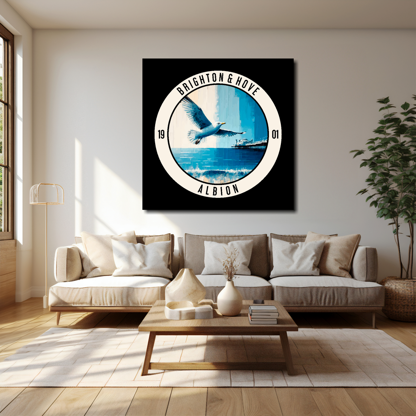 Brighton inspired canvas 40x40 inches above cream sofa - XL vibrant UK football wall art