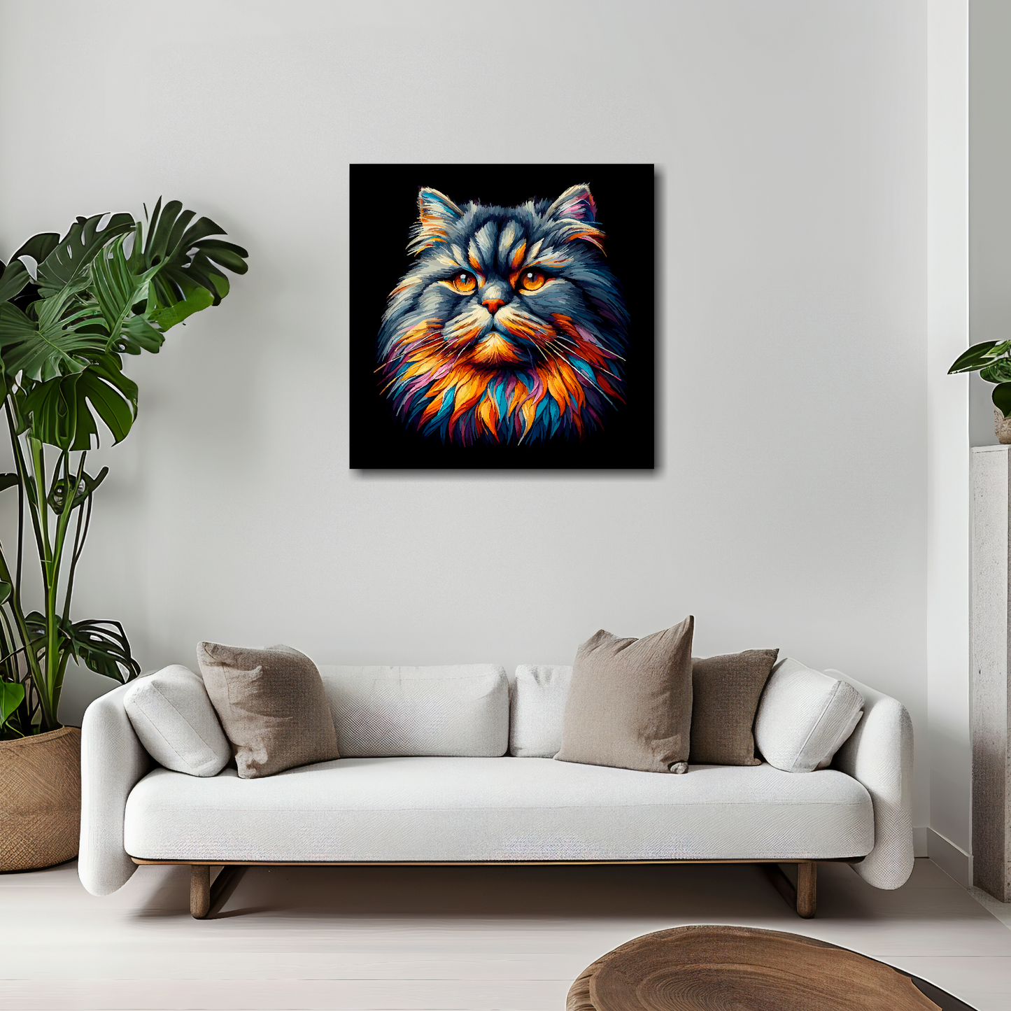 British Longhair cat canvas 20x20 inches above white sofa - vibrant cat portrait wall art UK