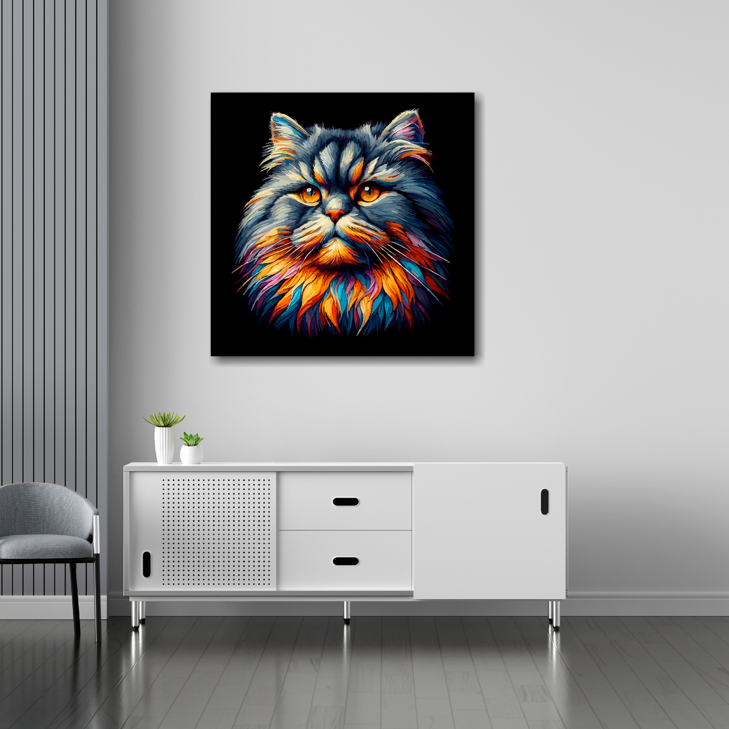 British Longhair cat canvas 30x30 inches above sideboard - large colourful cat portrait UK made