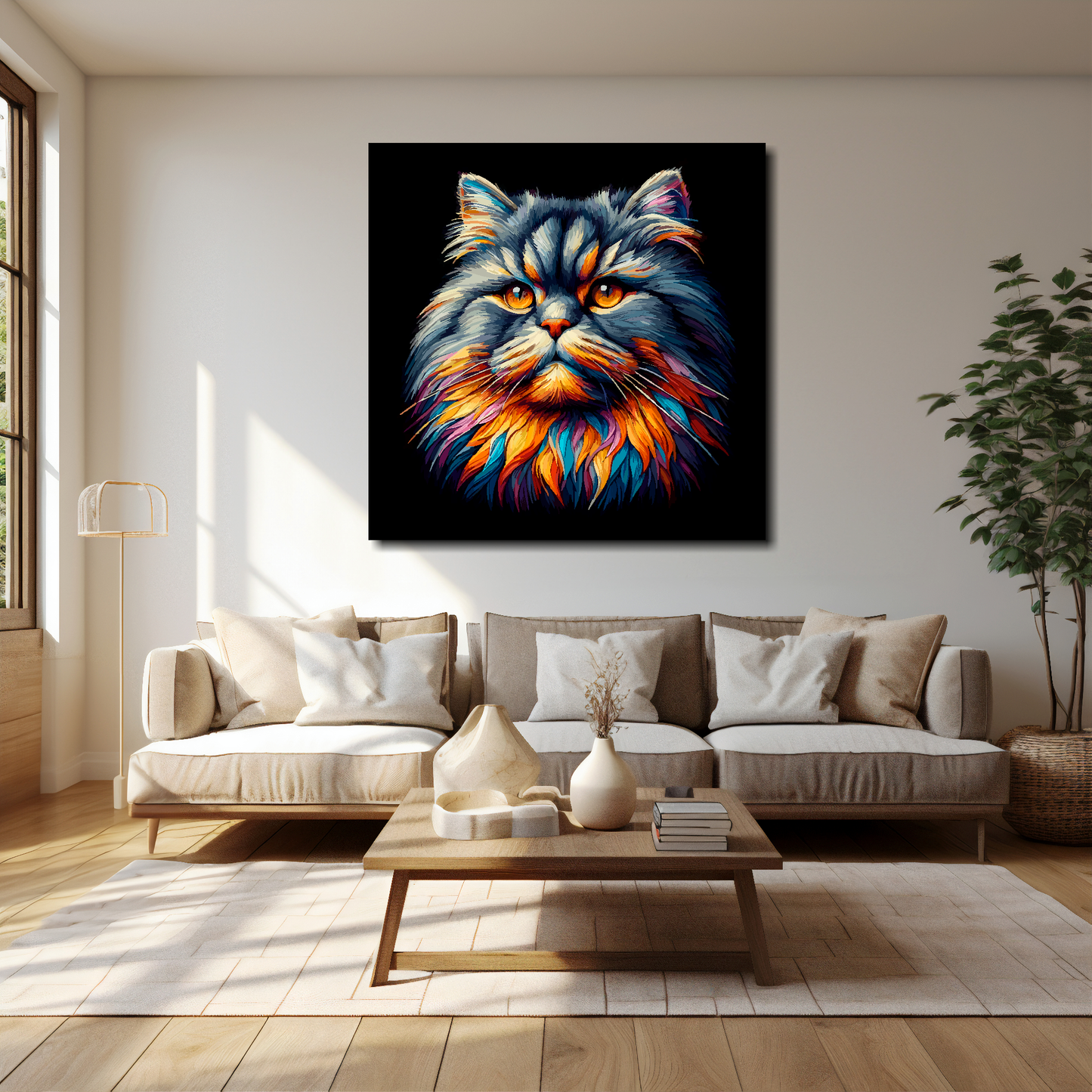 British Longhair cat canvas 40x40 inches above cream sofa - XL vibrant cat wall art UK