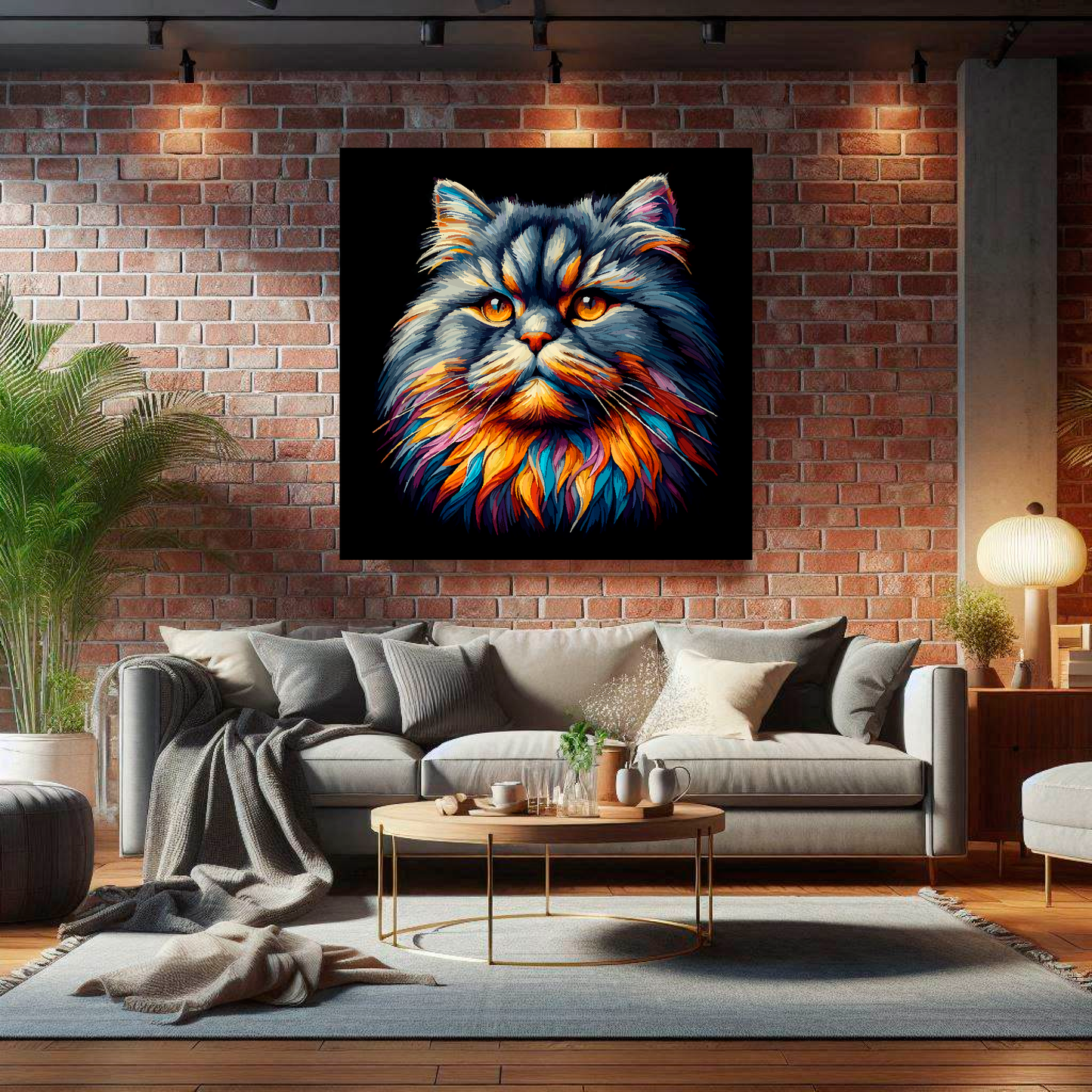 Large British Longhair cat canvas on brick wall above grey sofa - bold cat portrait UK living room