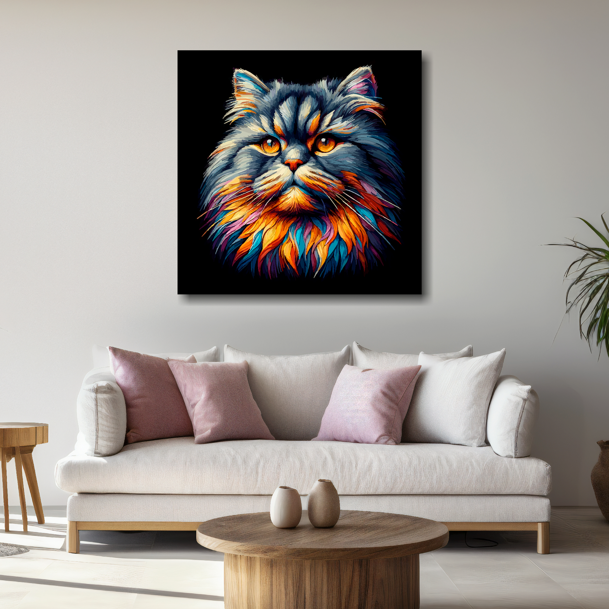 Large British Longhair cat canvas above white sofa - vibrant abstract cat portrait wall art UK