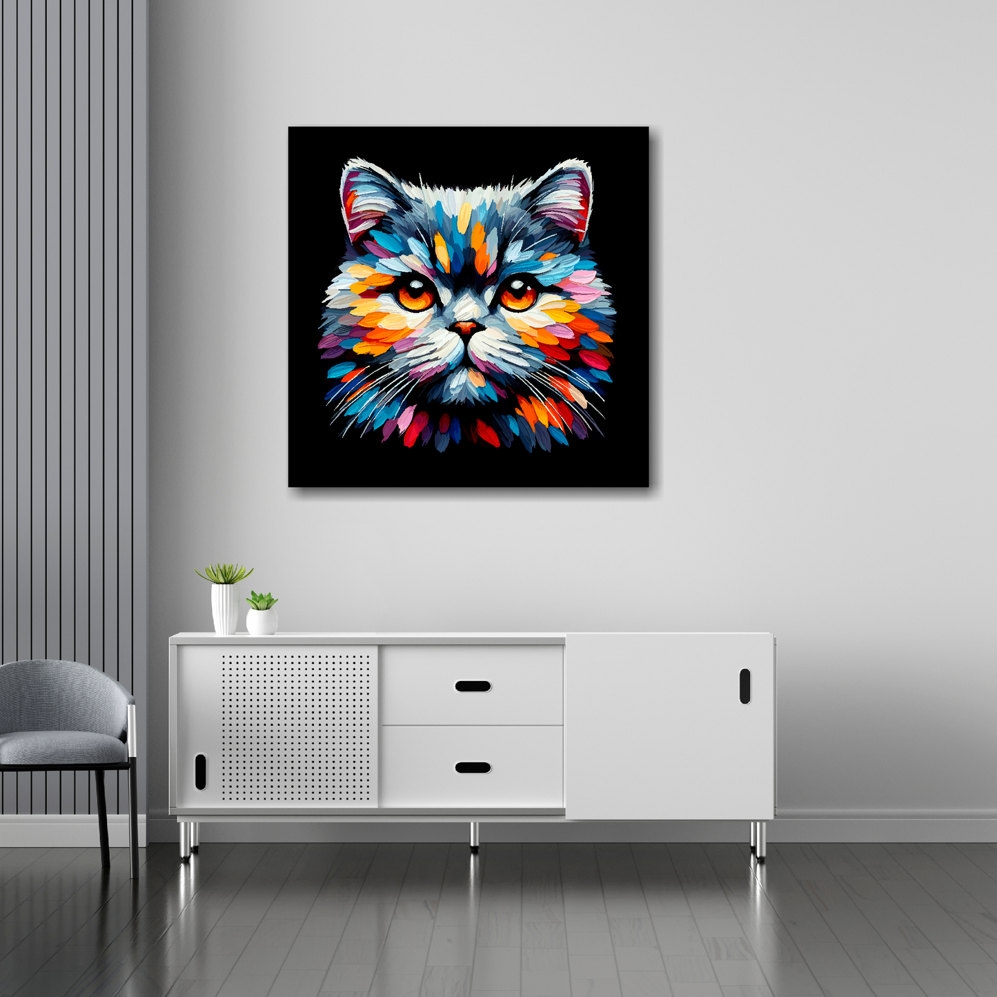 British Shorthair cat canvas 30x30 inches above sideboard - large colourful cat portrait UK made