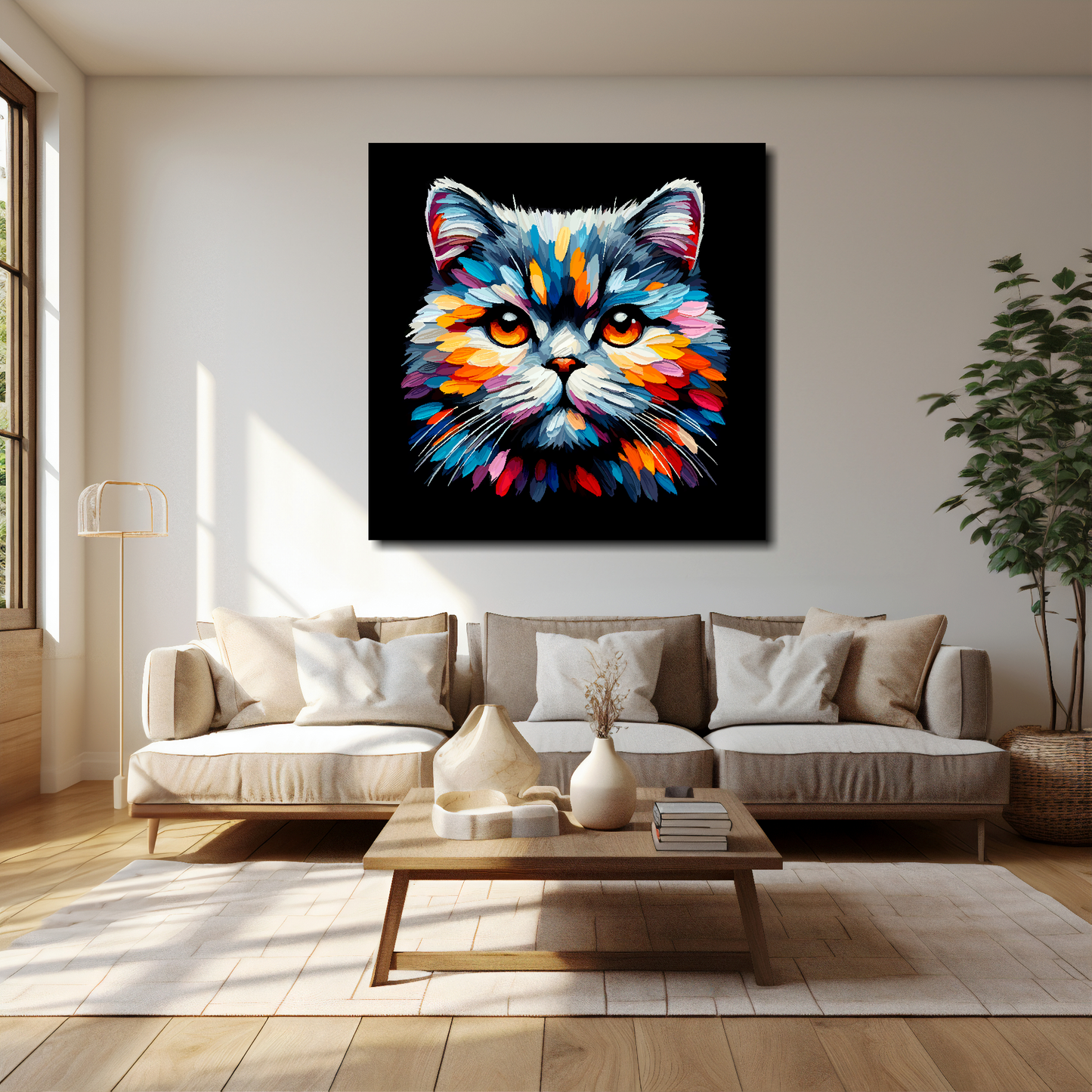 British Shorthair cat canvas 40x40 inches above cream sofa - XL vibrant cat wall art UK