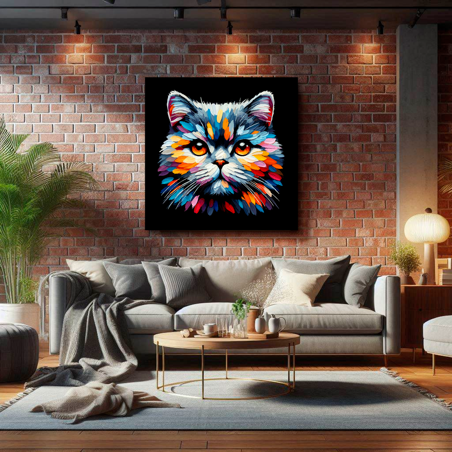 Large British Shorthair cat canvas on brick wall above grey sofa - bold cat portrait UK living room