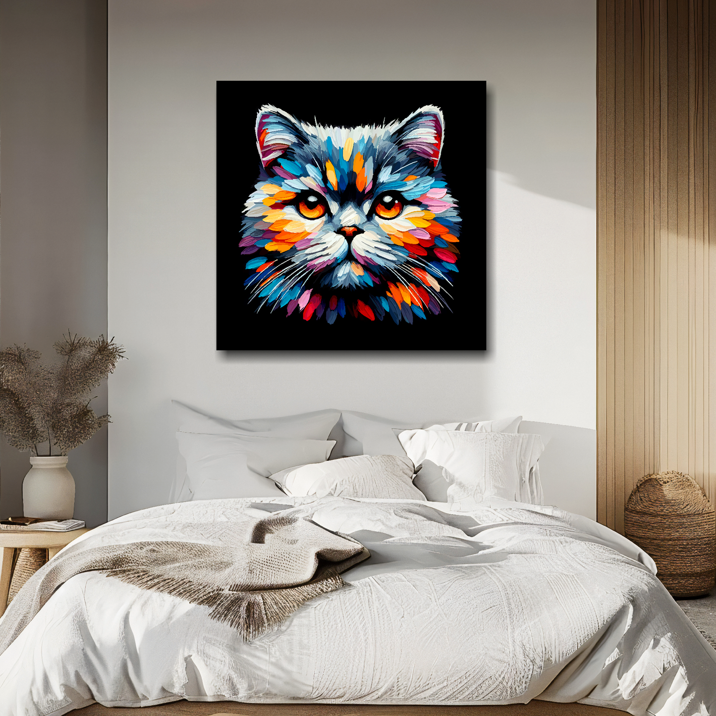 British Shorthair cat portrait canvas above bed - colourful cat wall decor for UK bedrooms