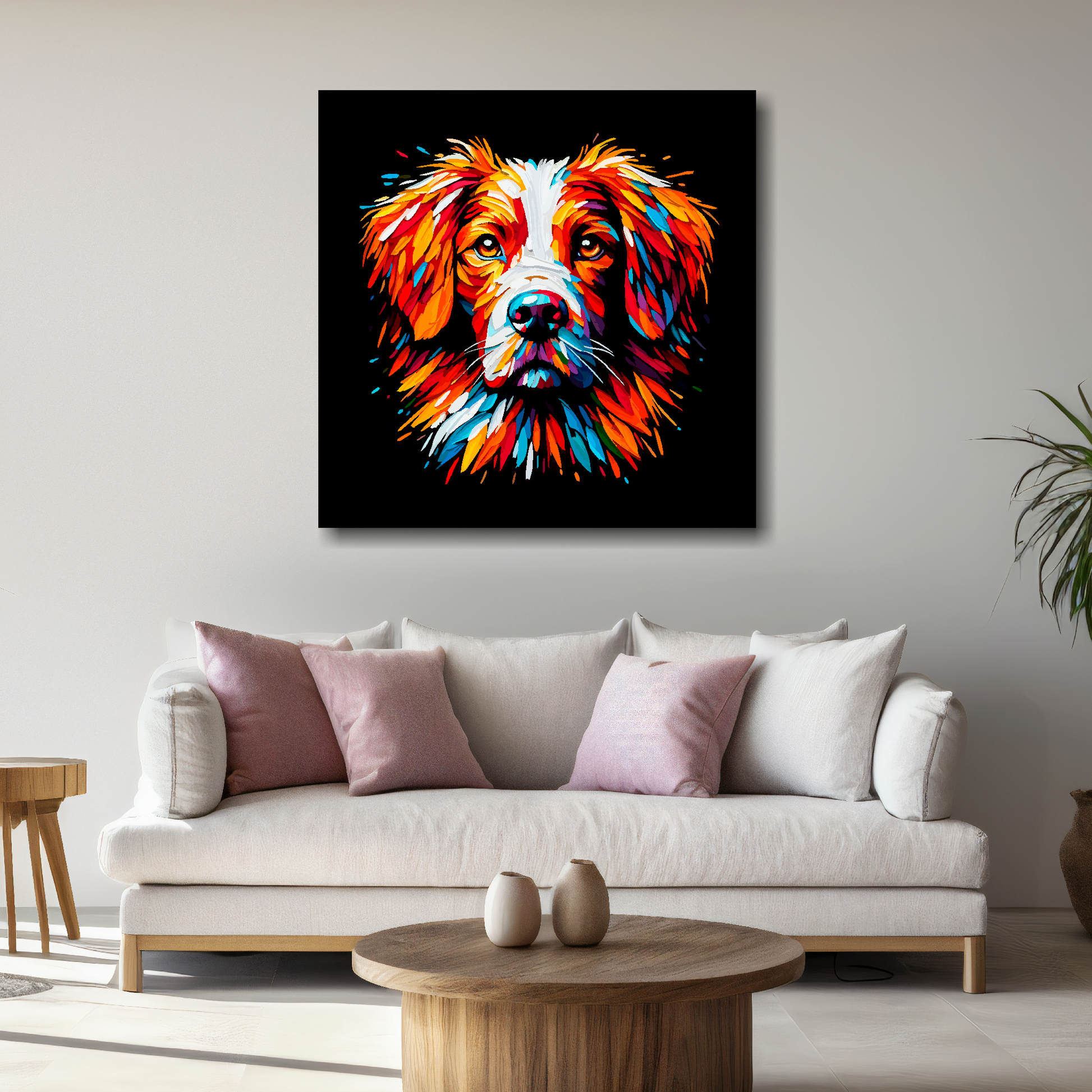 Large Brittany Spaniel portrait canvas - colourful dog wall decor UK