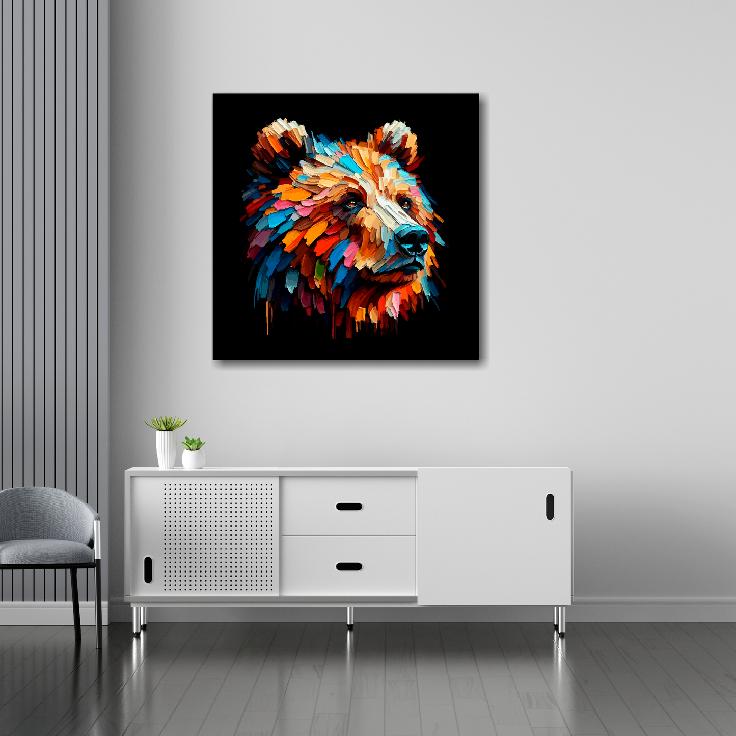 Brown Bear canvas 30x30 inches above sideboard - large colourful wildlife portrait UK made