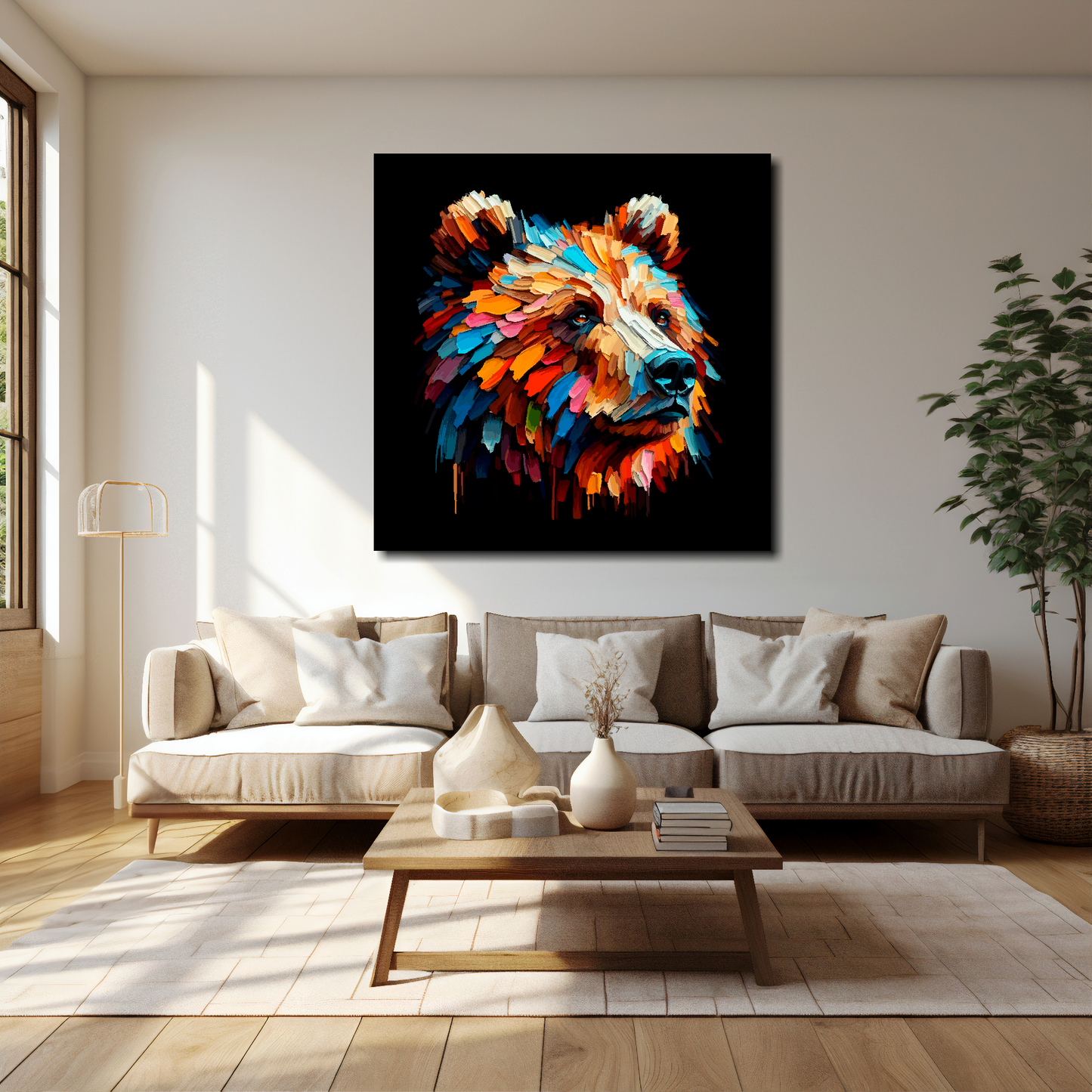 Brown Bear canvas 40x40 inches above cream sofa - XL vibrant wildlife wall art UK
