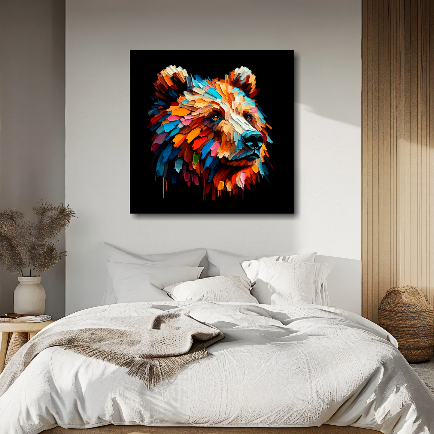 Brown Bear portrait canvas above bed - colourful wildlife wall decor for UK bedrooms