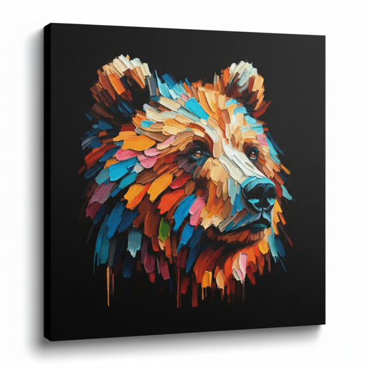 Colourful Brown Bear wildlife portrait canvas print - UK made abstract animal wall art black background