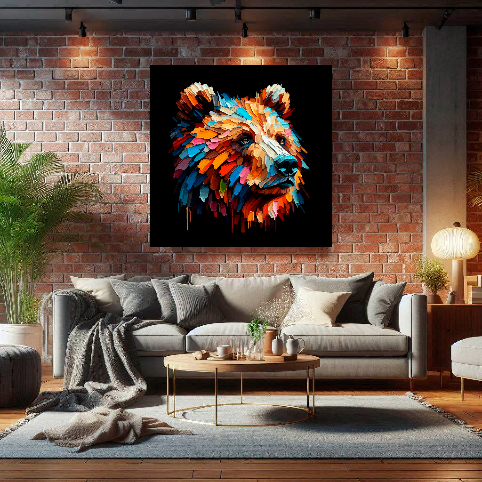 Large Brown Bear canvas on brick wall above grey sofa - bold wildlife portrait UK living room