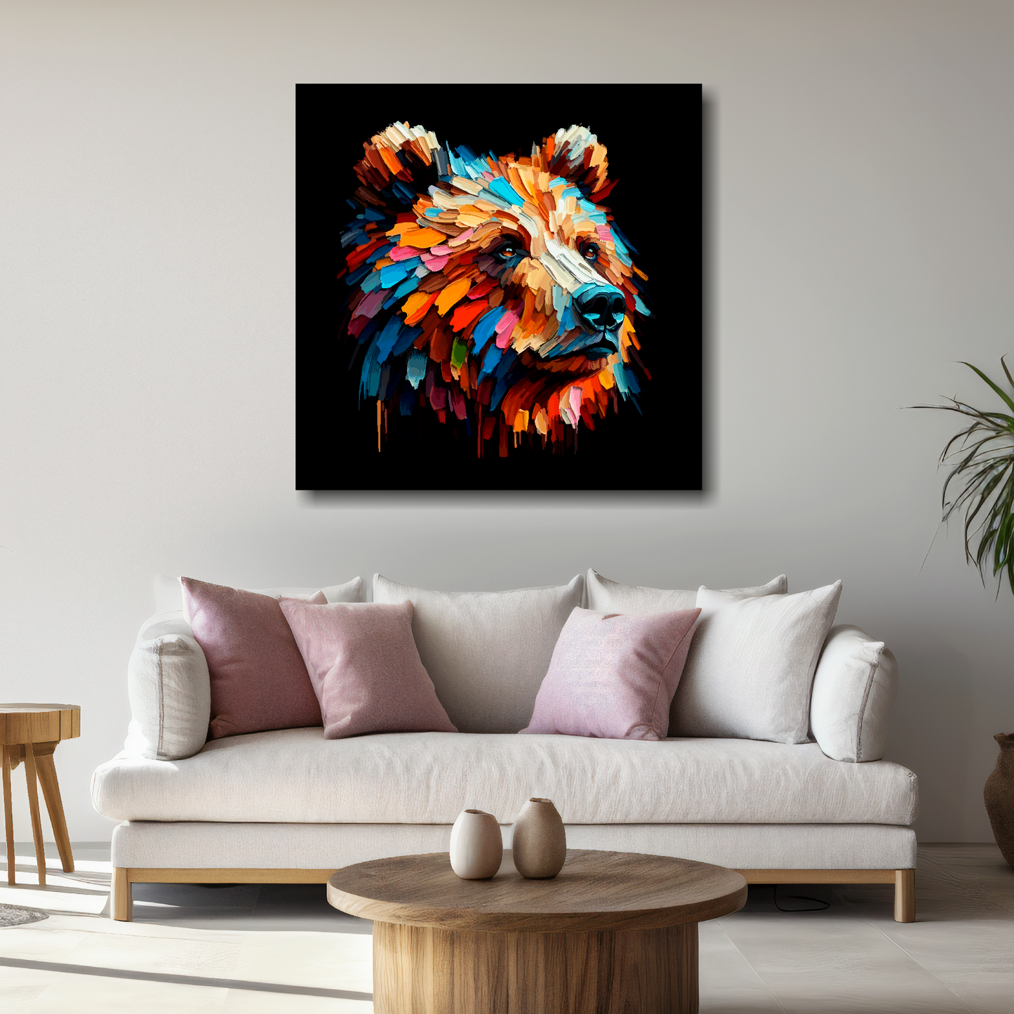 Large Brown Bear canvas above white sofa - vibrant abstract wildlife portrait wall art UK