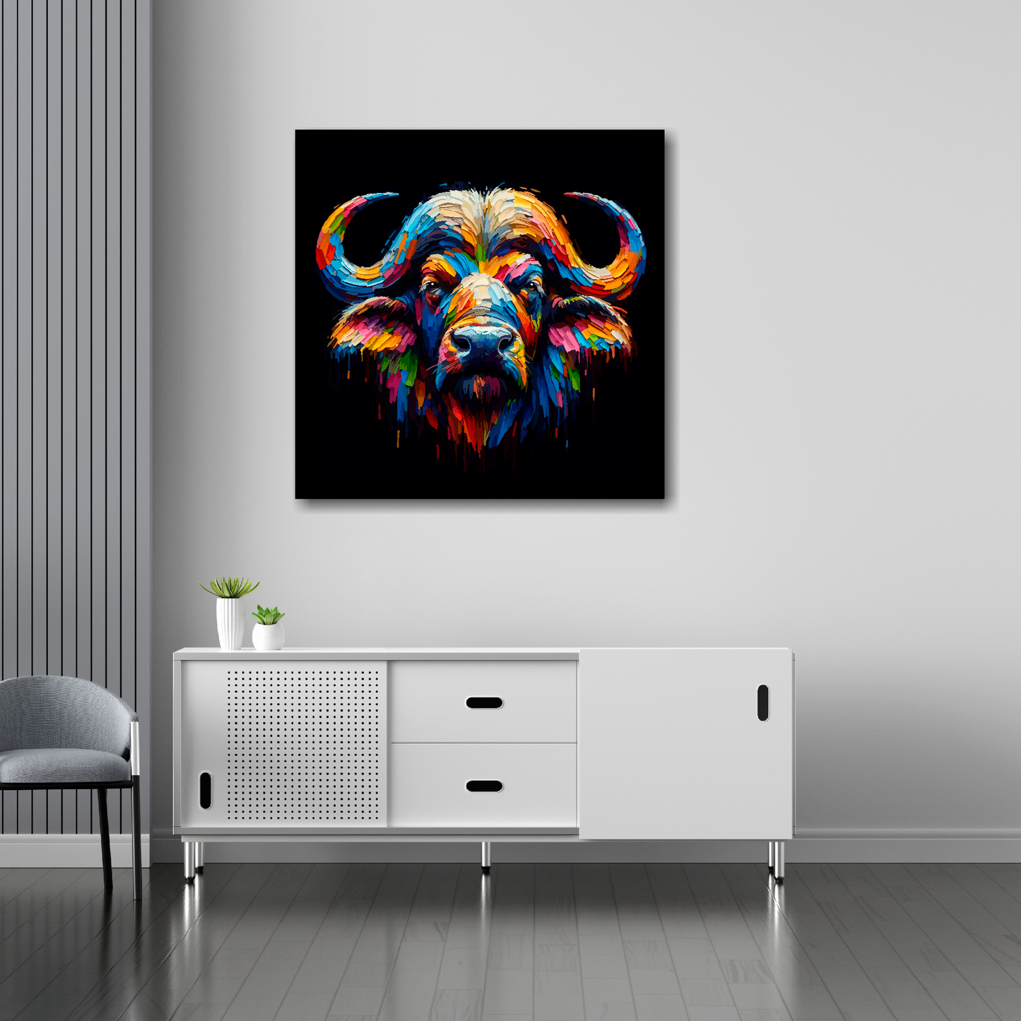 Buffalo canvas 30x30 inches above sideboard - large colourful wildlife portrait UK made