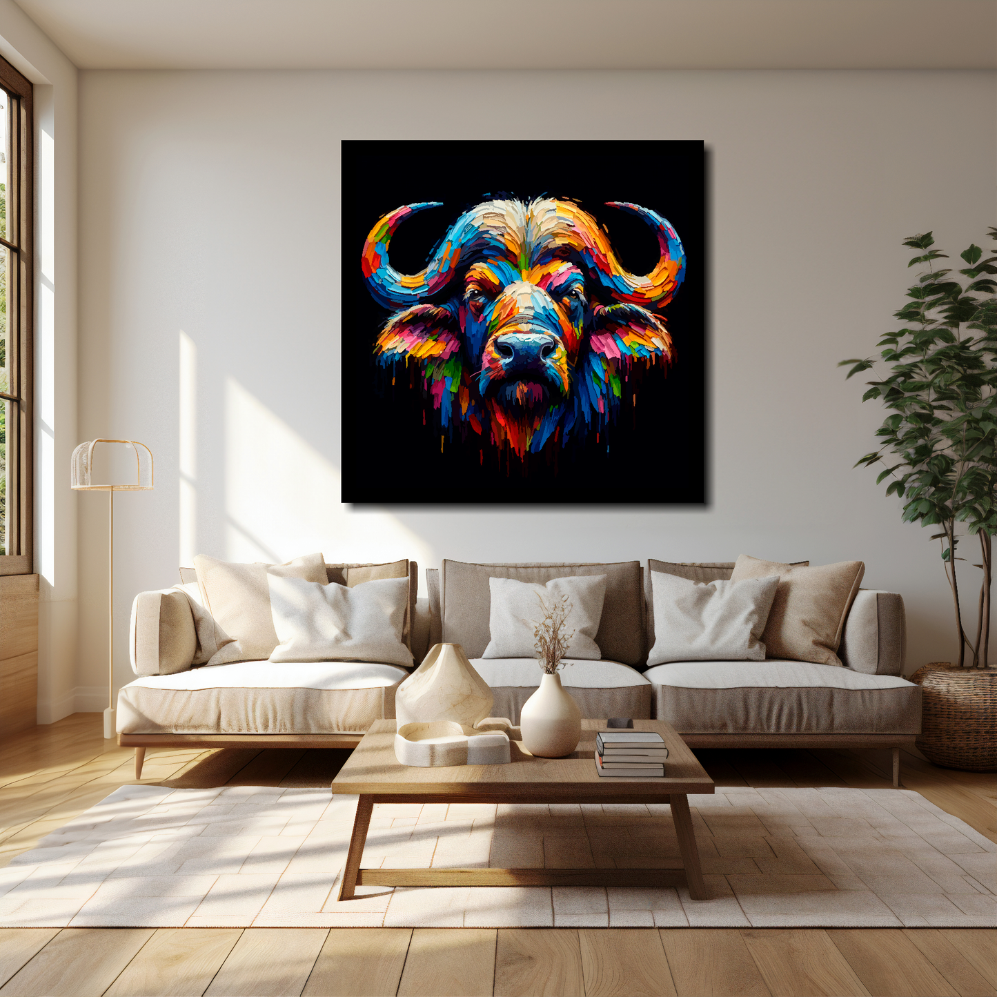 Buffalo canvas 40x40 inches above cream sofa - XL vibrant wildlife wall art UK