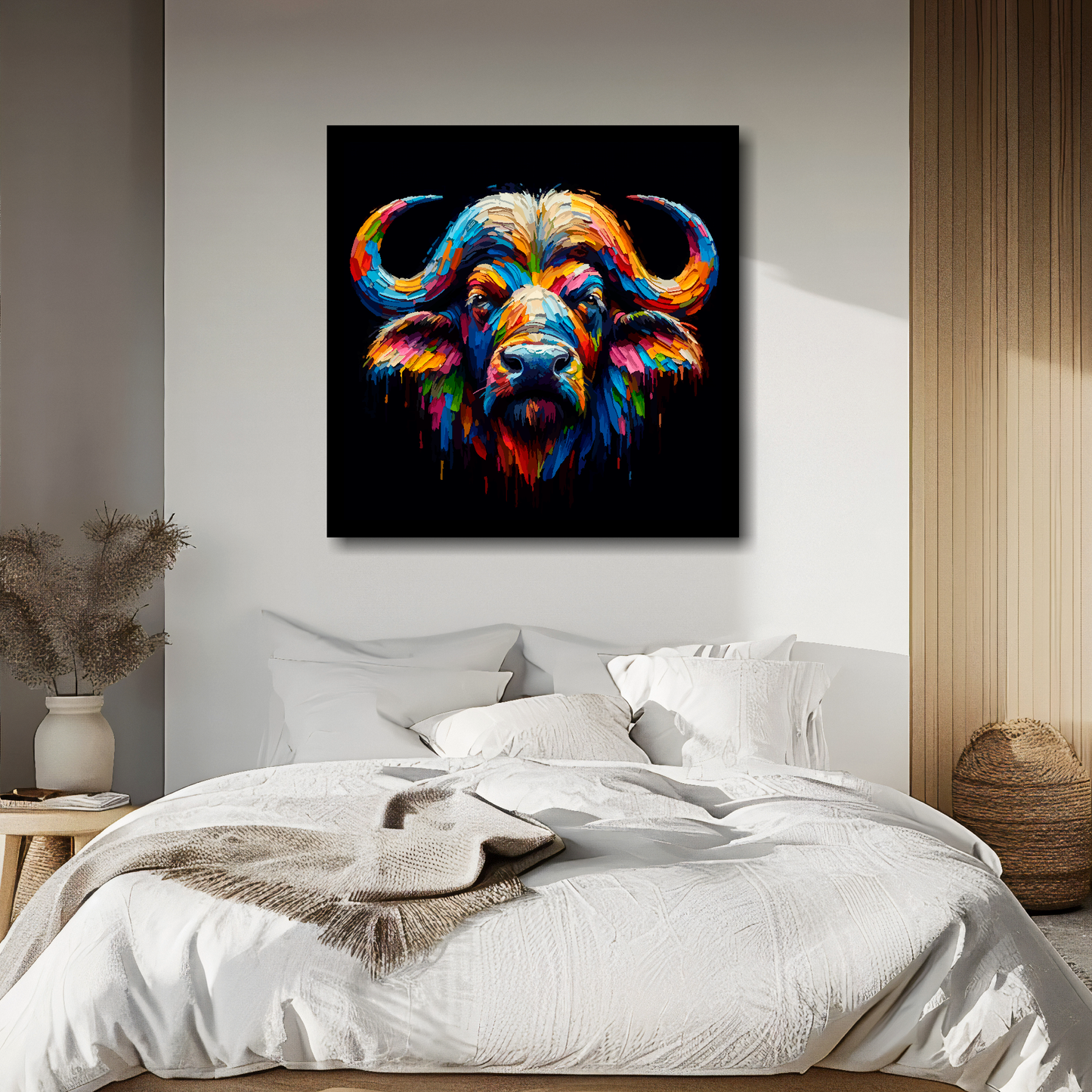 Buffalo portrait canvas above bed - colourful wildlife wall decor for UK bedrooms