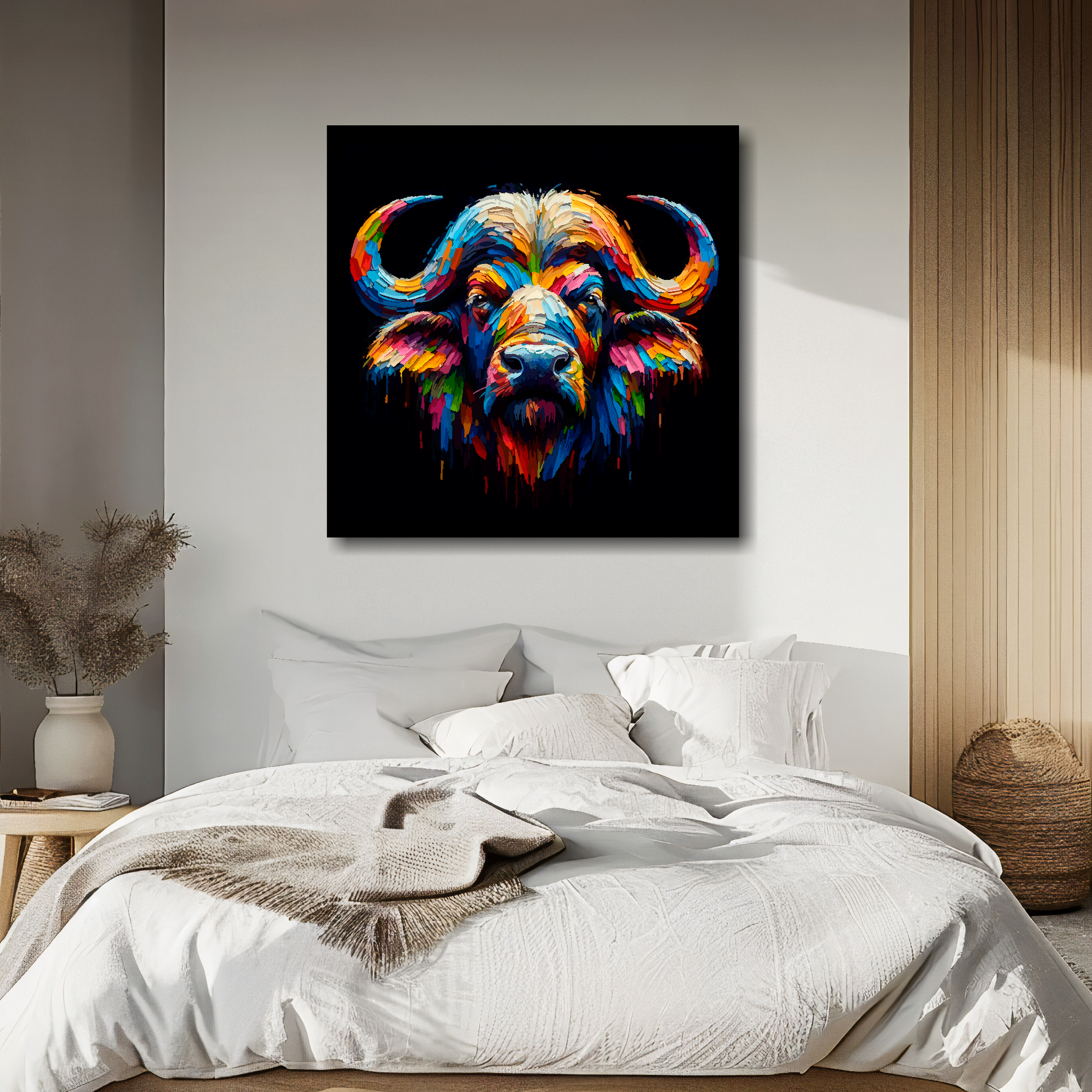 Buffalo portrait canvas above bed - colourful wildlife wall decor for UK bedrooms