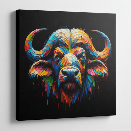 Colourful Buffalo wildlife portrait canvas print - UK made abstract animal wall art black background