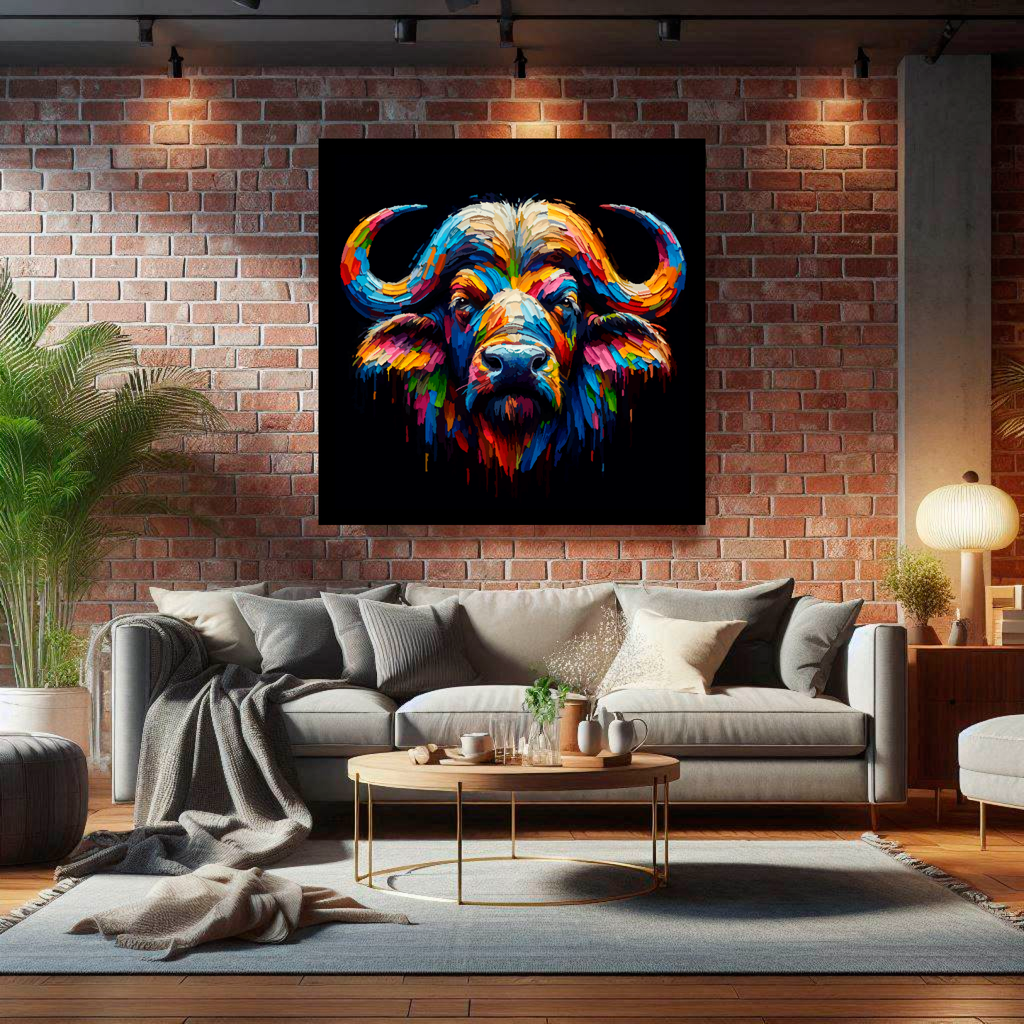 Large Buffalo canvas on brick wall above grey sofa - bold wildlife portrait UK living room