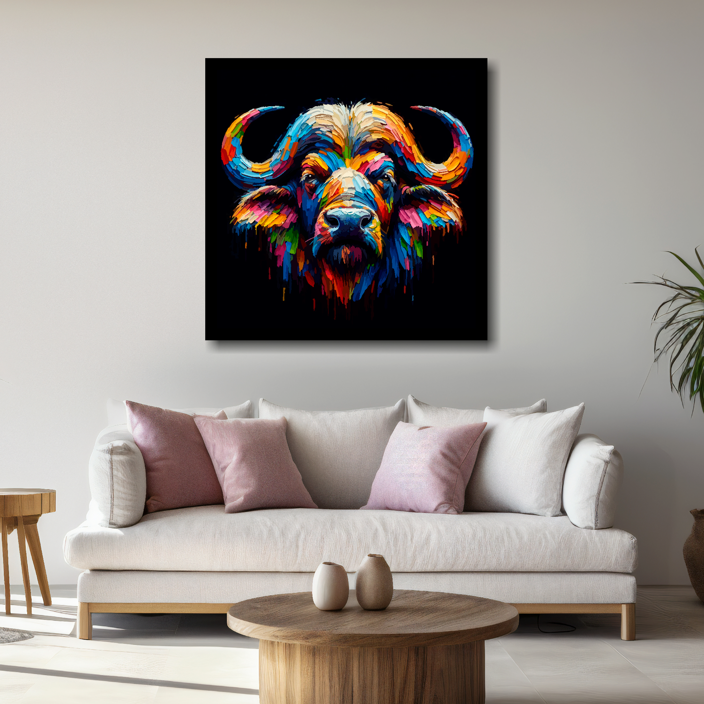 Large Buffalo canvas above white sofa - vibrant abstract wildlife portrait wall art UK