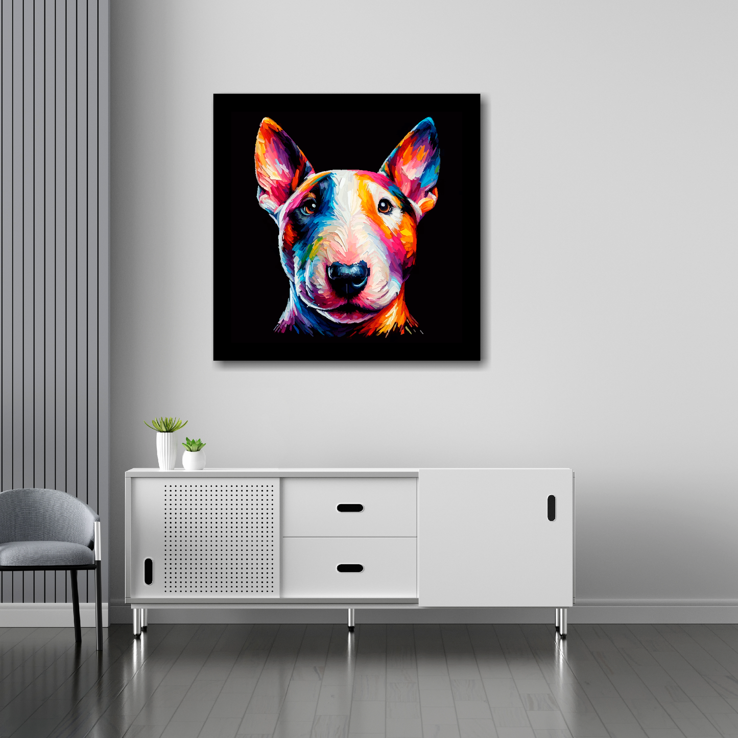Bull Terrier Miniature canvas 30x30 inches above sideboard - large colourful dog portrait UK made