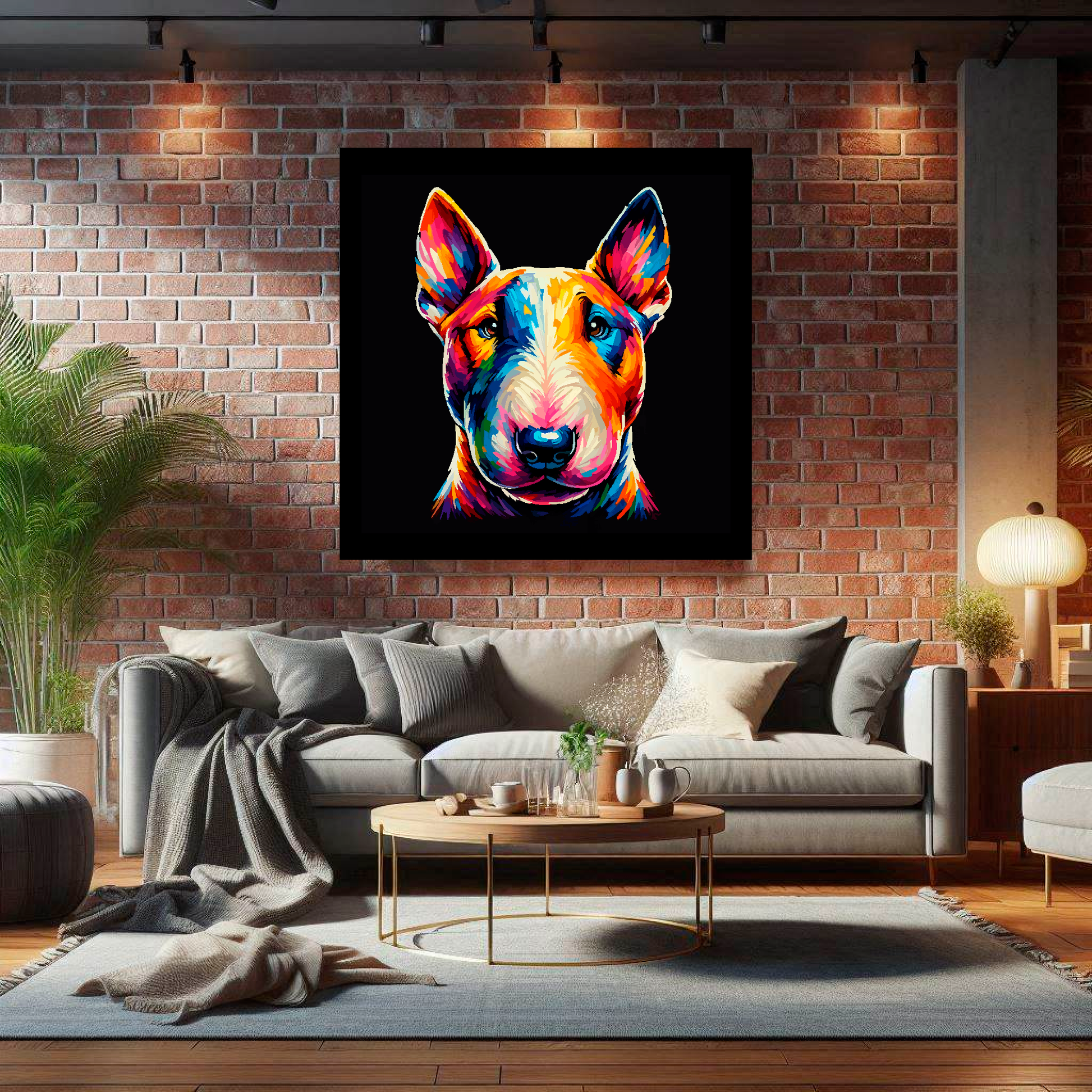 Large Bull Terrier canvas on brick wall above grey sofa - bold dog portrait UK living room
