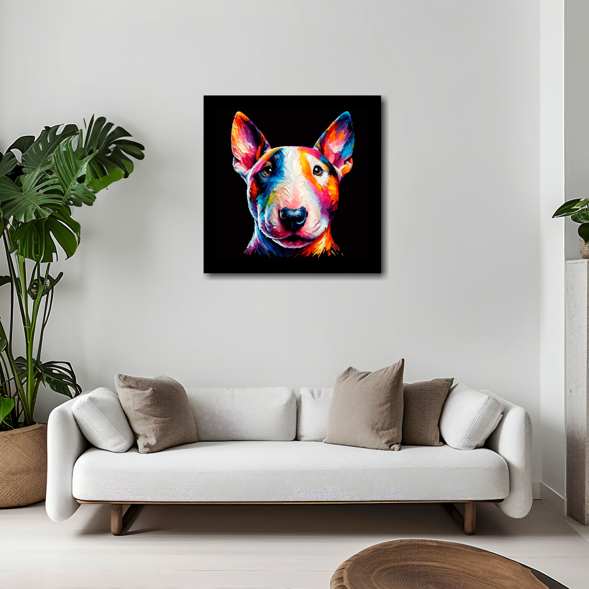 Bull Terrier Miniature canvas 20x20 inches above white sofa - vibrant dog portrait wall art UK