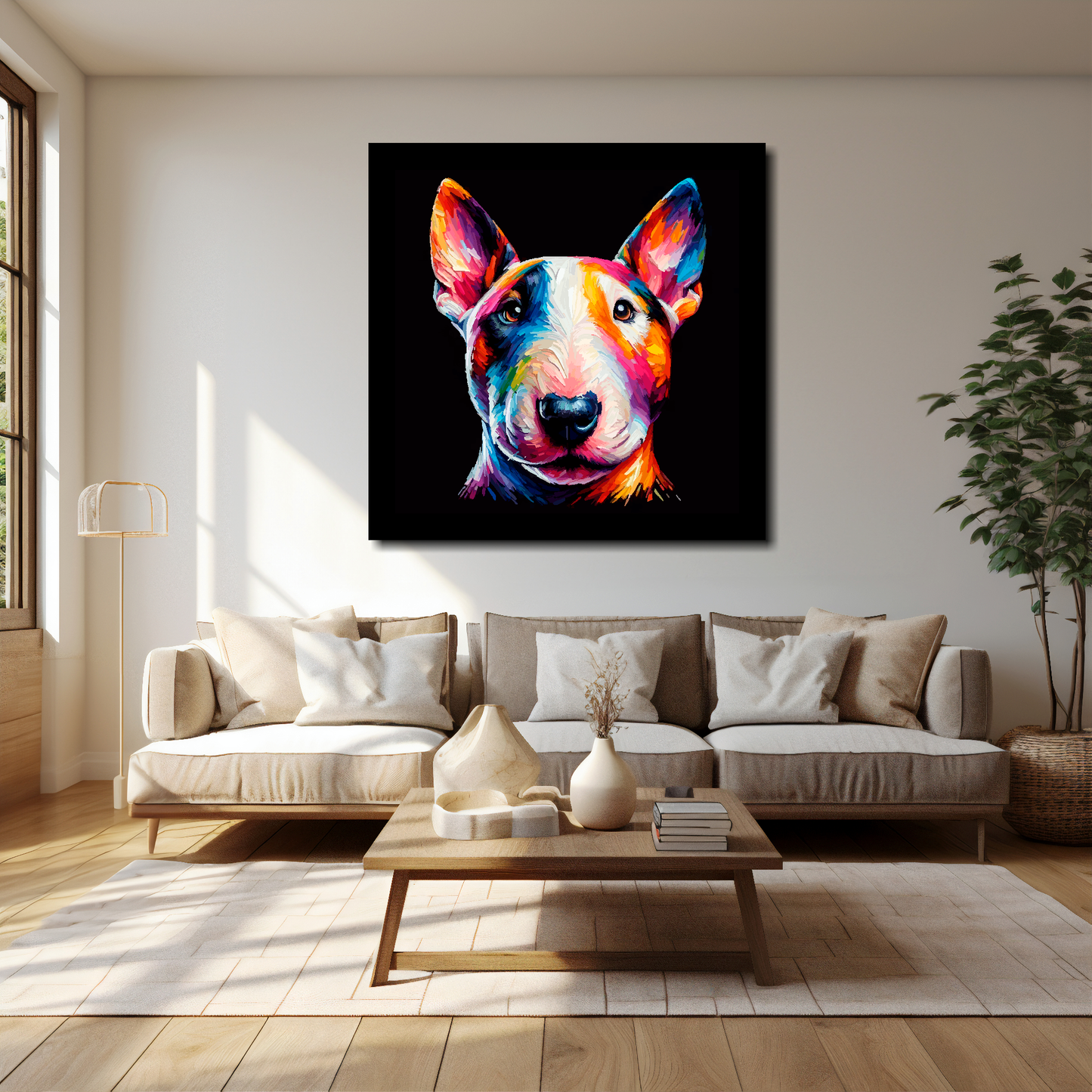 Bull Terrier Miniature canvas 40x40 inches above cream sofa - XL vibrant dog wall art UK