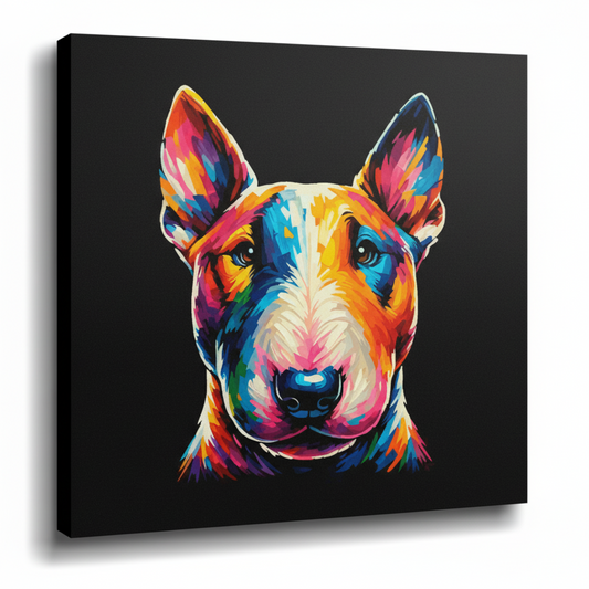 Colourful Bull Terrier dog portrait canvas print - UK made abstract pet wall art black background