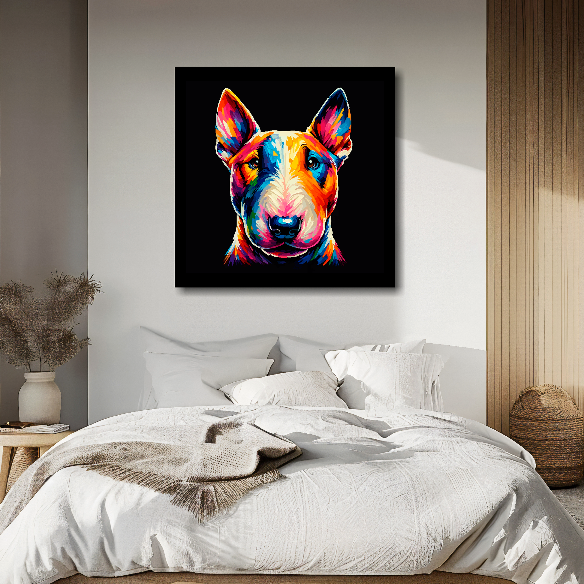 Bull Terrier portrait canvas above bed - colourful dog wall decor for UK bedrooms