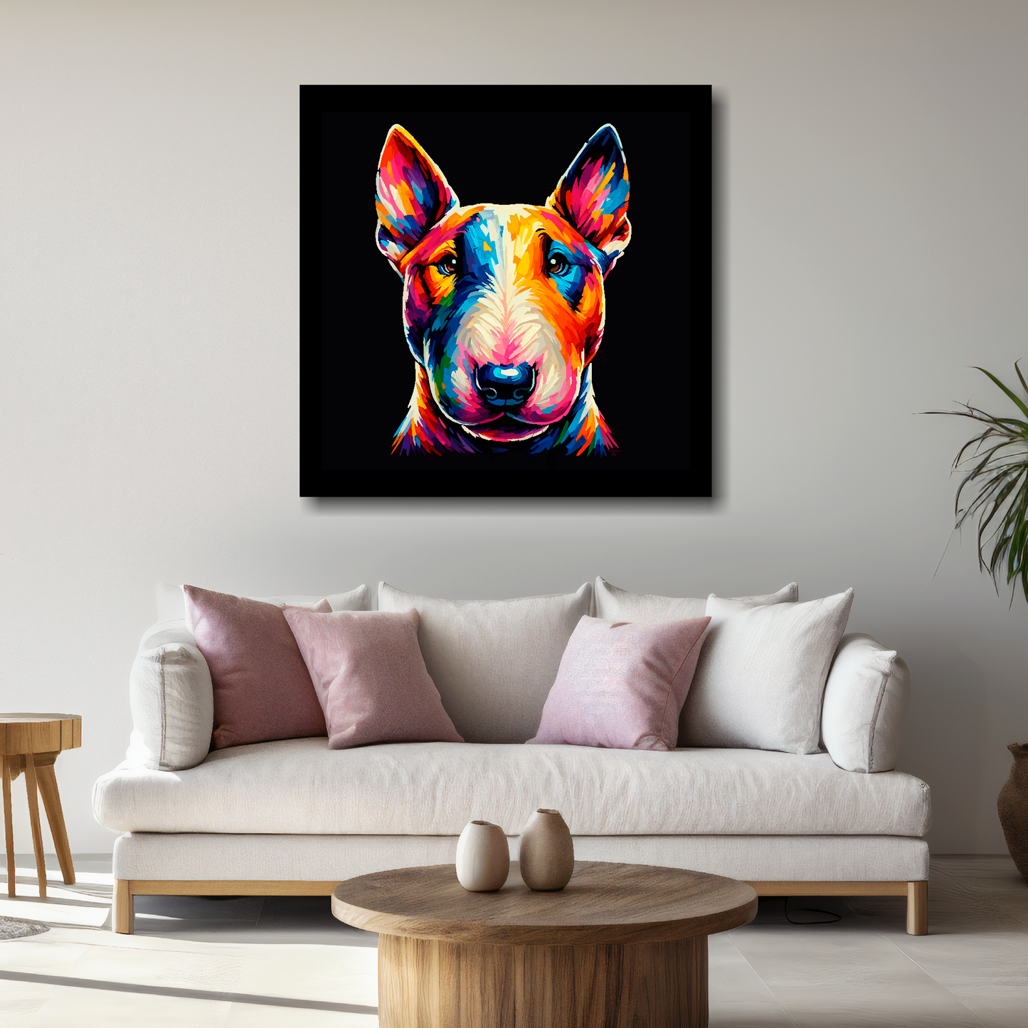 Large Bull Terrier canvas above white sofa - vibrant abstract dog portrait wall art UK