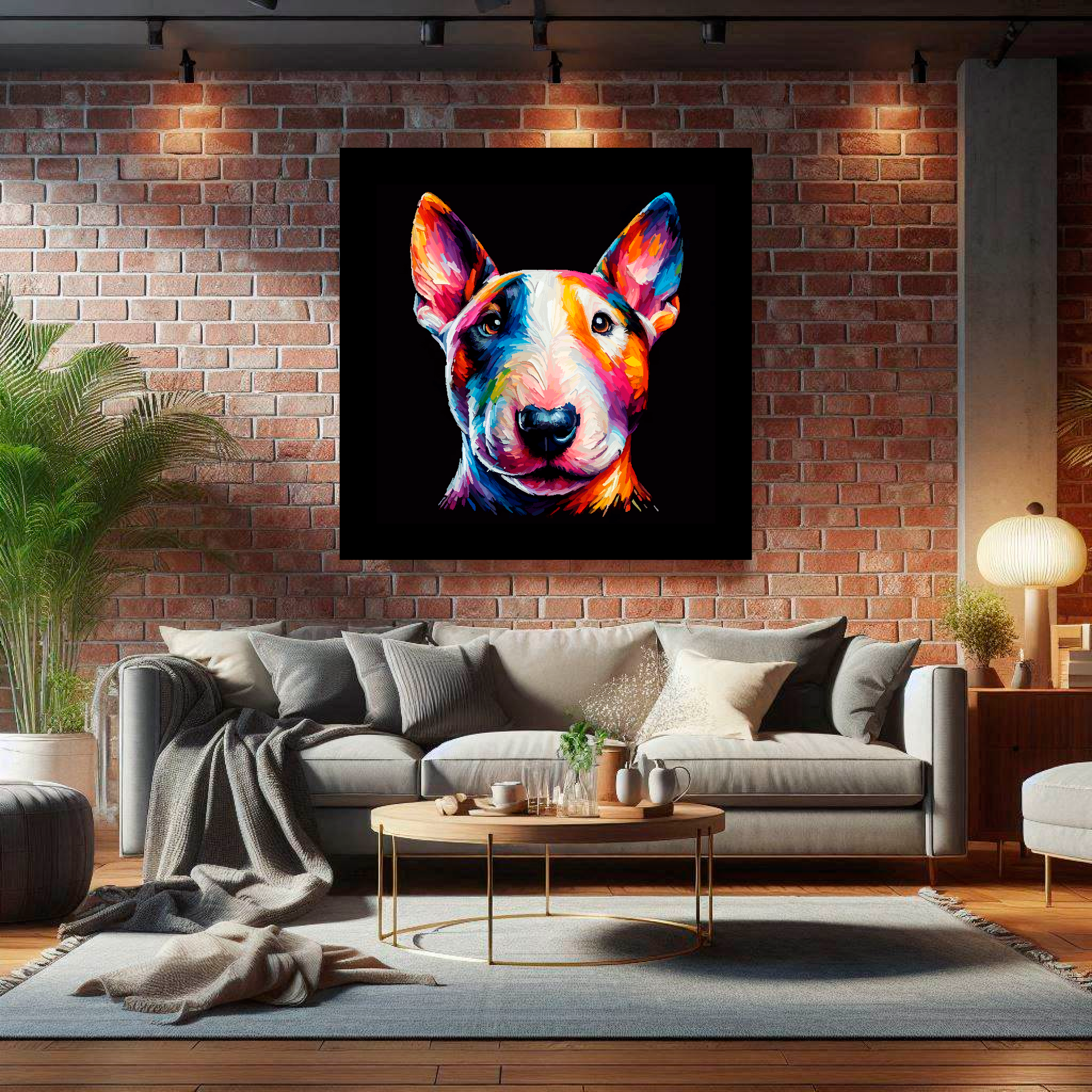 Large Bull Terrier Miniature canvas on brick wall above grey sofa - bold dog portrait UK living room