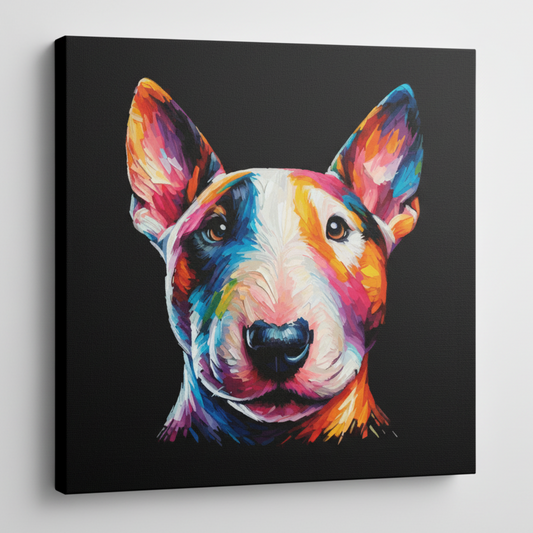 Colourful Bull Terrier Miniature dog portrait canvas print - UK made abstract pet wall art black background